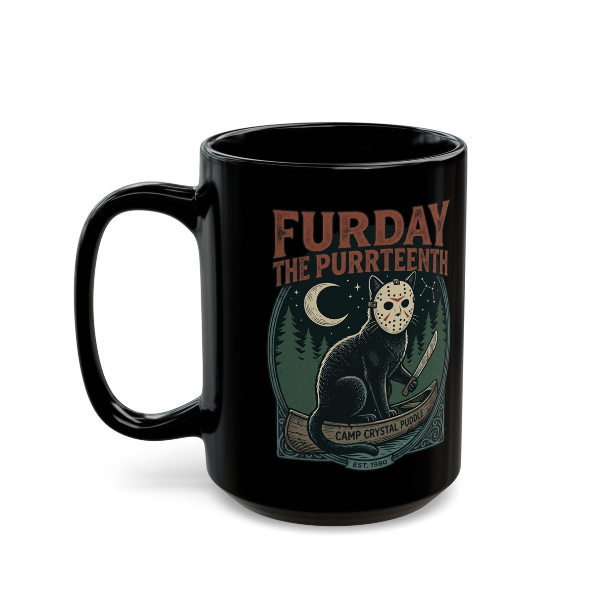 Horror Cat "Furday the Purrteenth" Black Mug