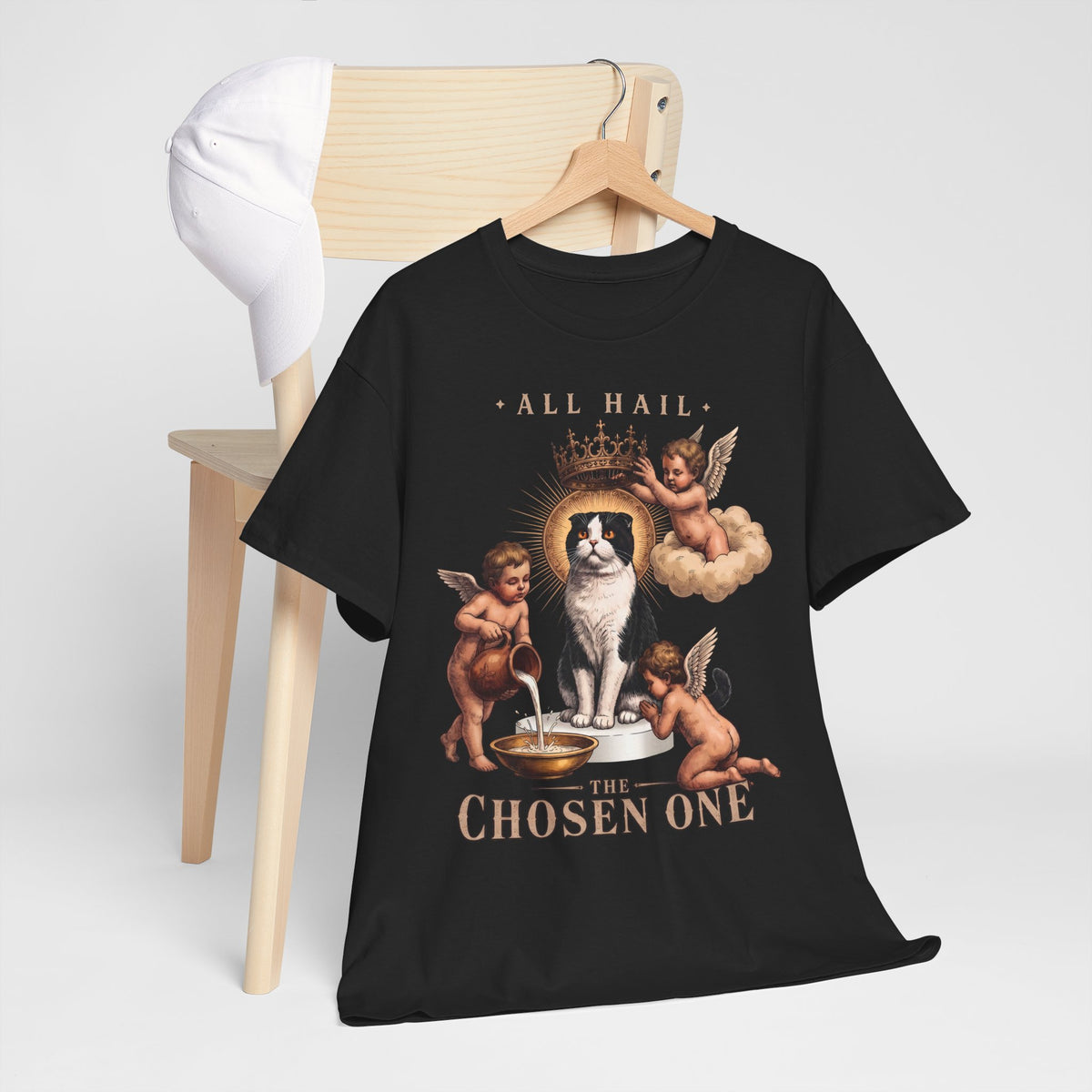 All Hail The Chosen One T-Shirt — Funny Tuxedo Cat Cherub Art Tee