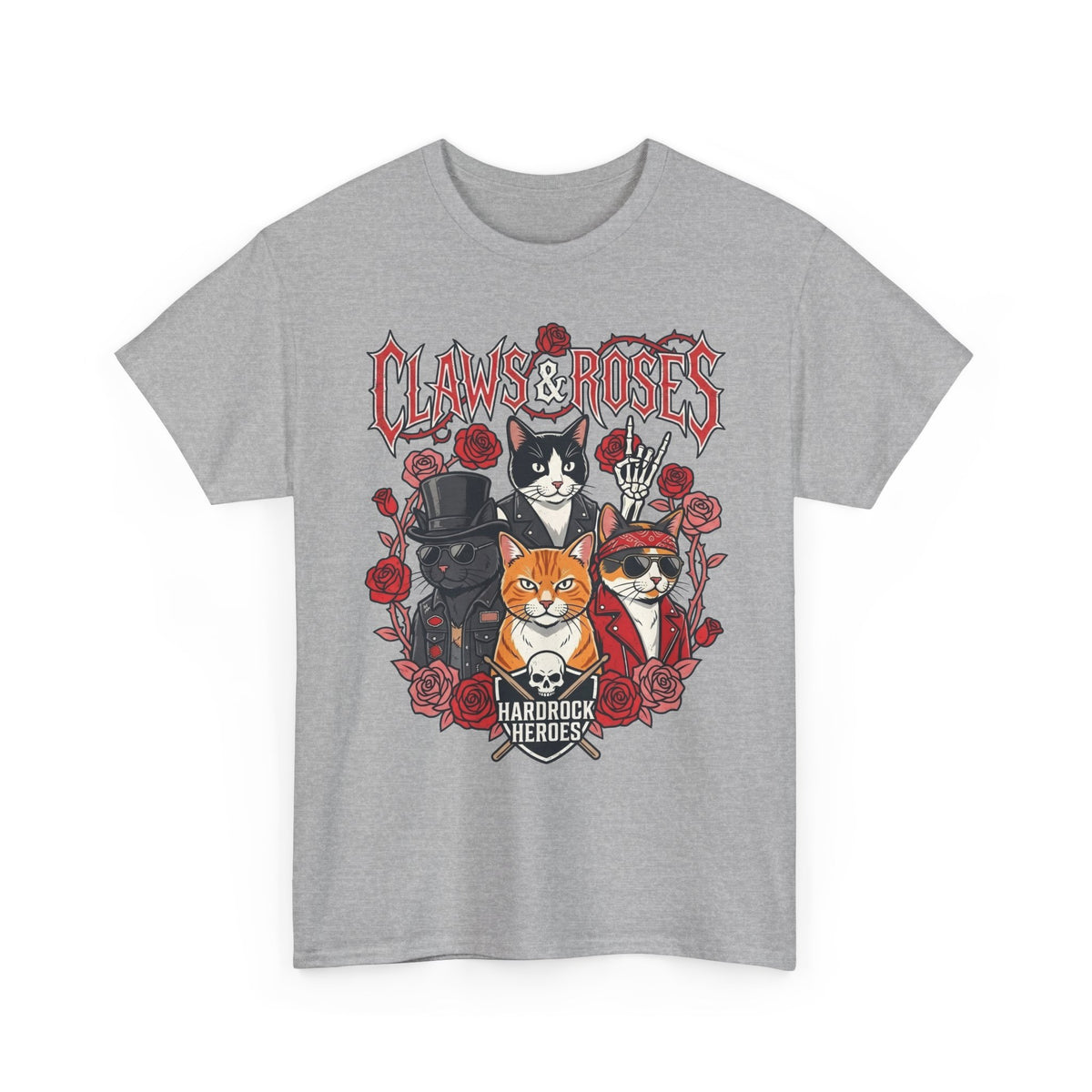 Claws & Roses Cat Band Tee - Rock 'N' Roll Feline Graphic T-Shirt