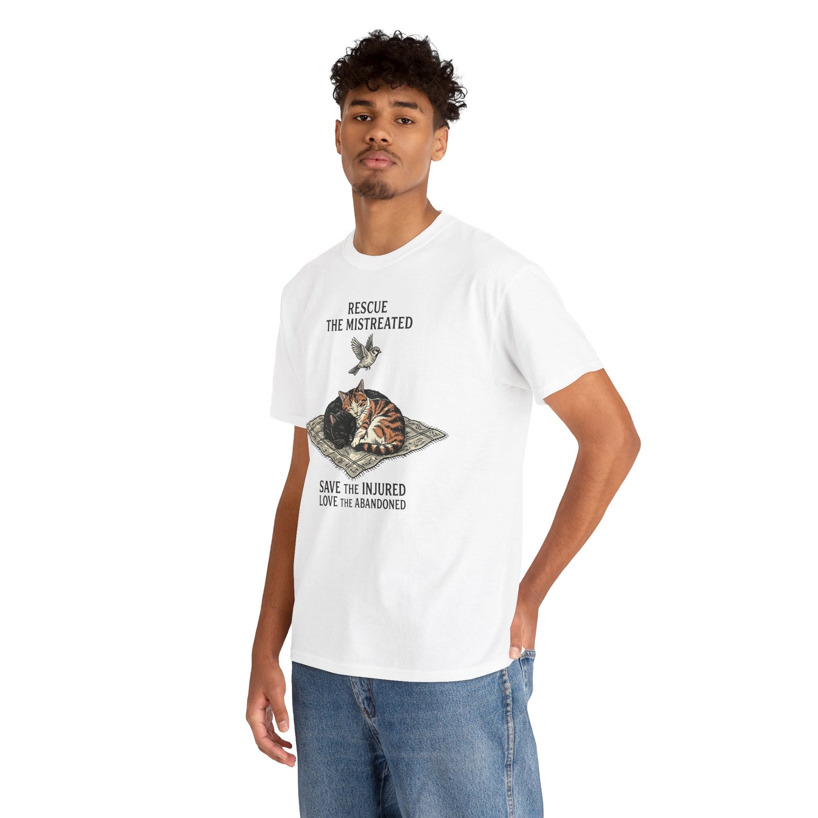 Cat Lover T-Shirt — "Rescue the Mistreated, Save the Injured, Love the Abandoned" Rescue Cat Tee