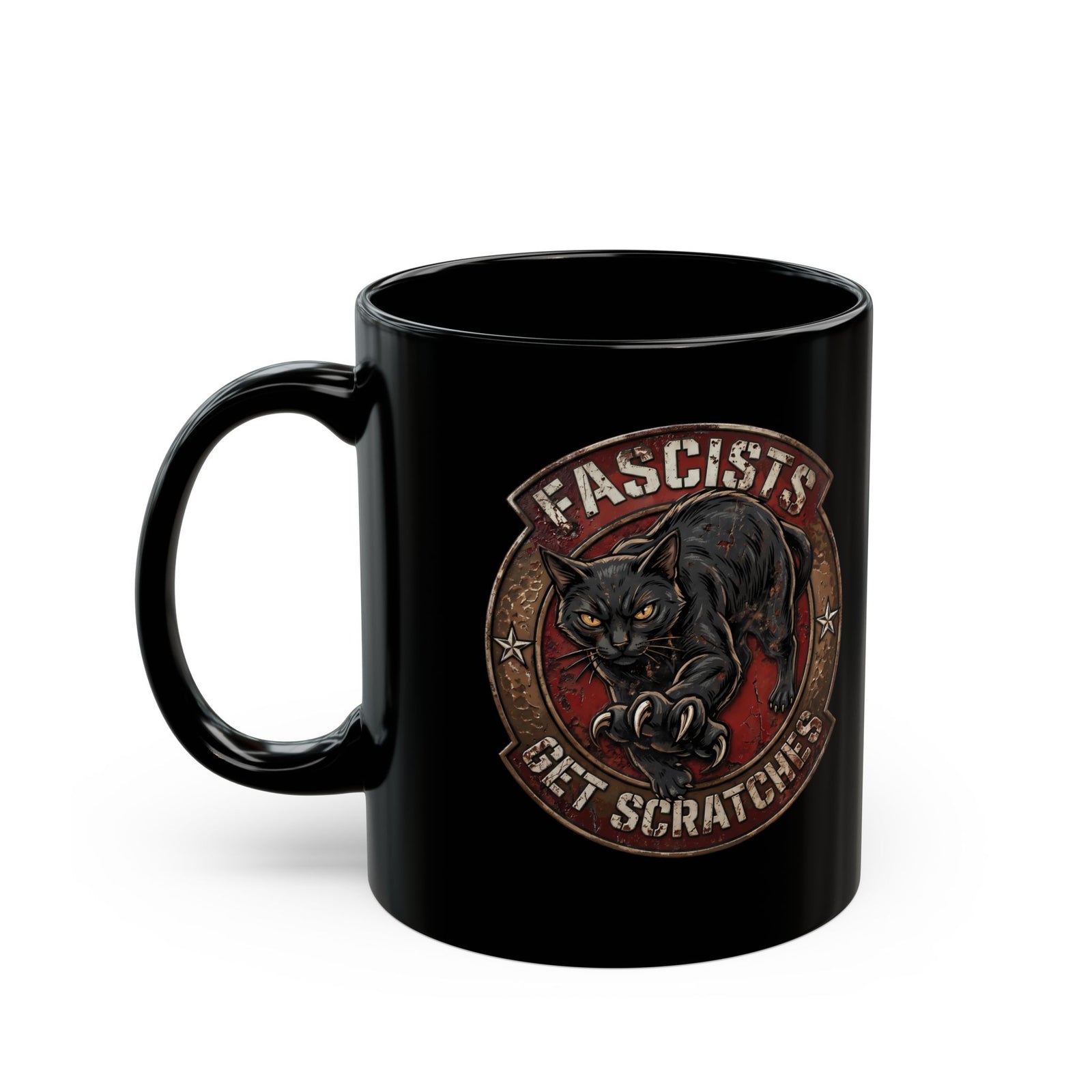 Fascists Get Scratches Black Mug — Funny Anti-Fascist Black Cat Mug