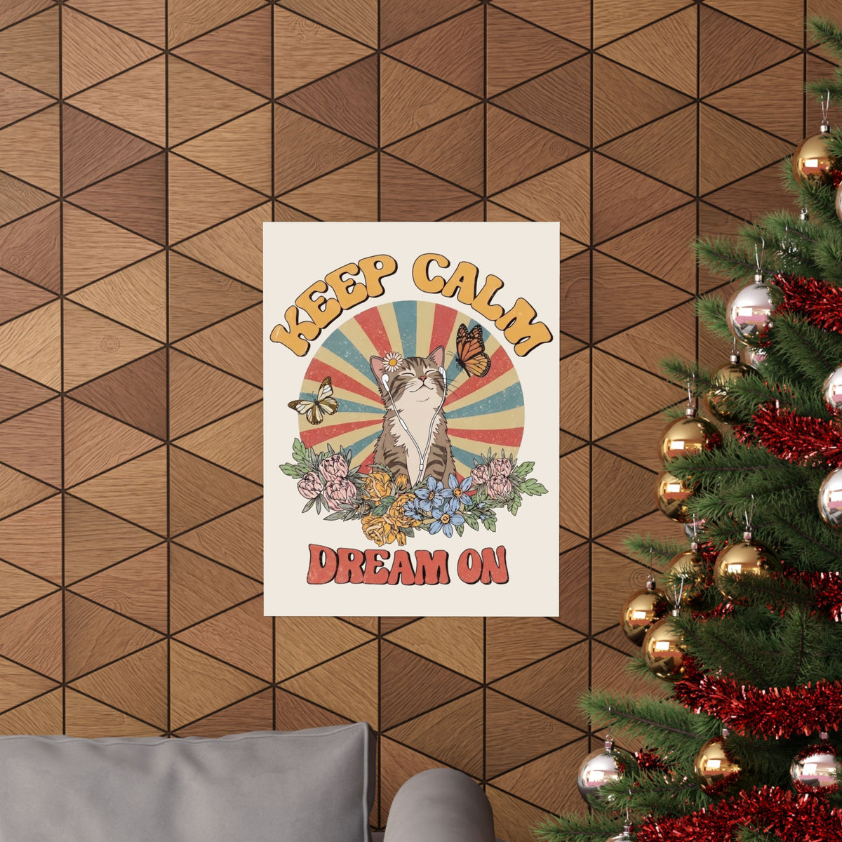 Keep Calm Dream On Cat Poster — Retro 70s Hippie Feline Graphic