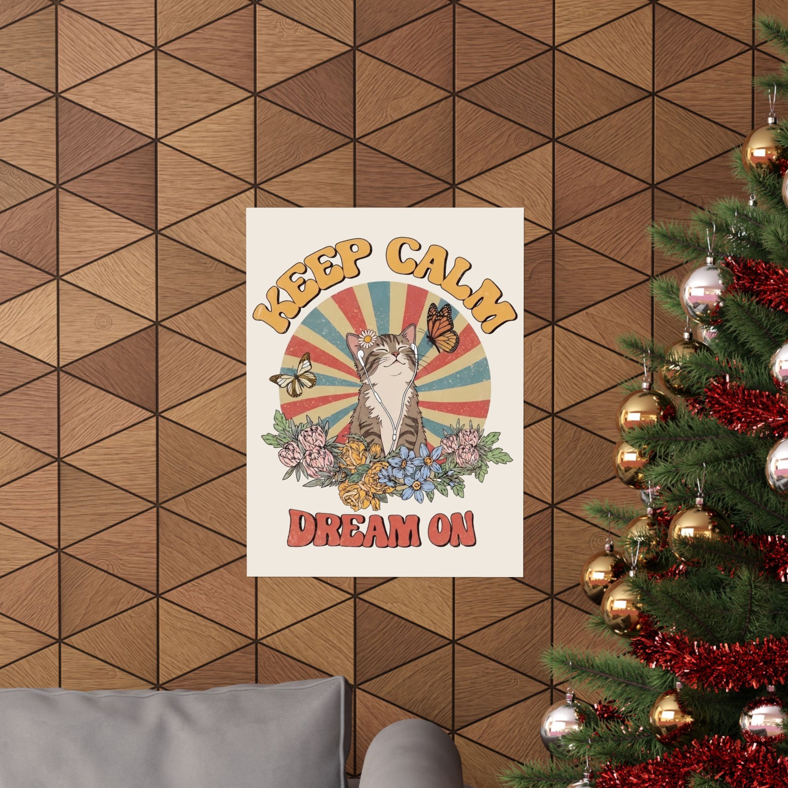 Keep Calm Dream On Cat Poster — Retro 70s Hippie Feline Graphic