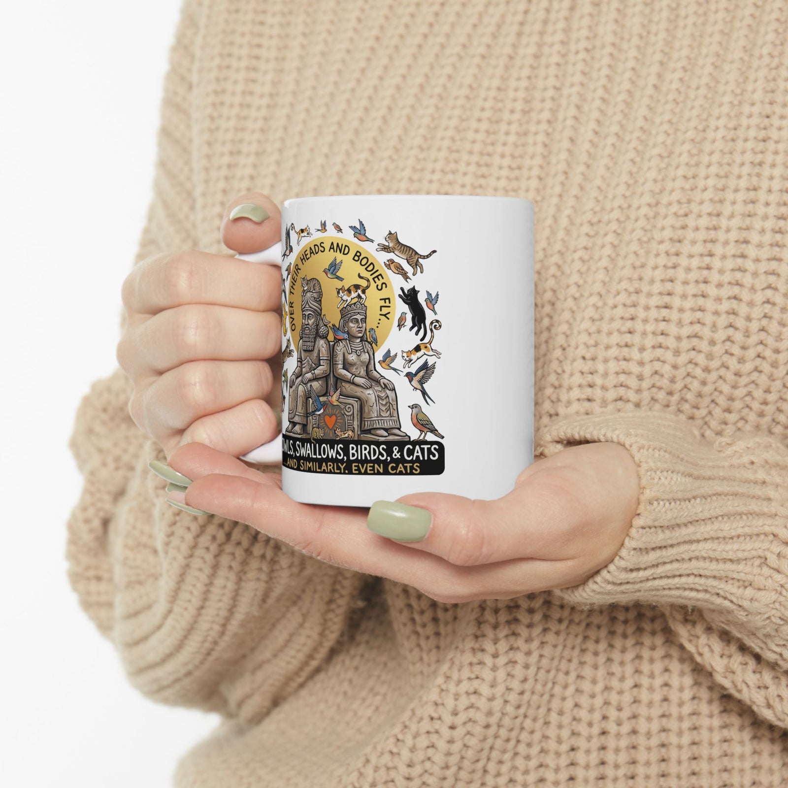 Birds & Cats Graphic Ceramic Mug — "Over Their Heads and Bodies Fly"