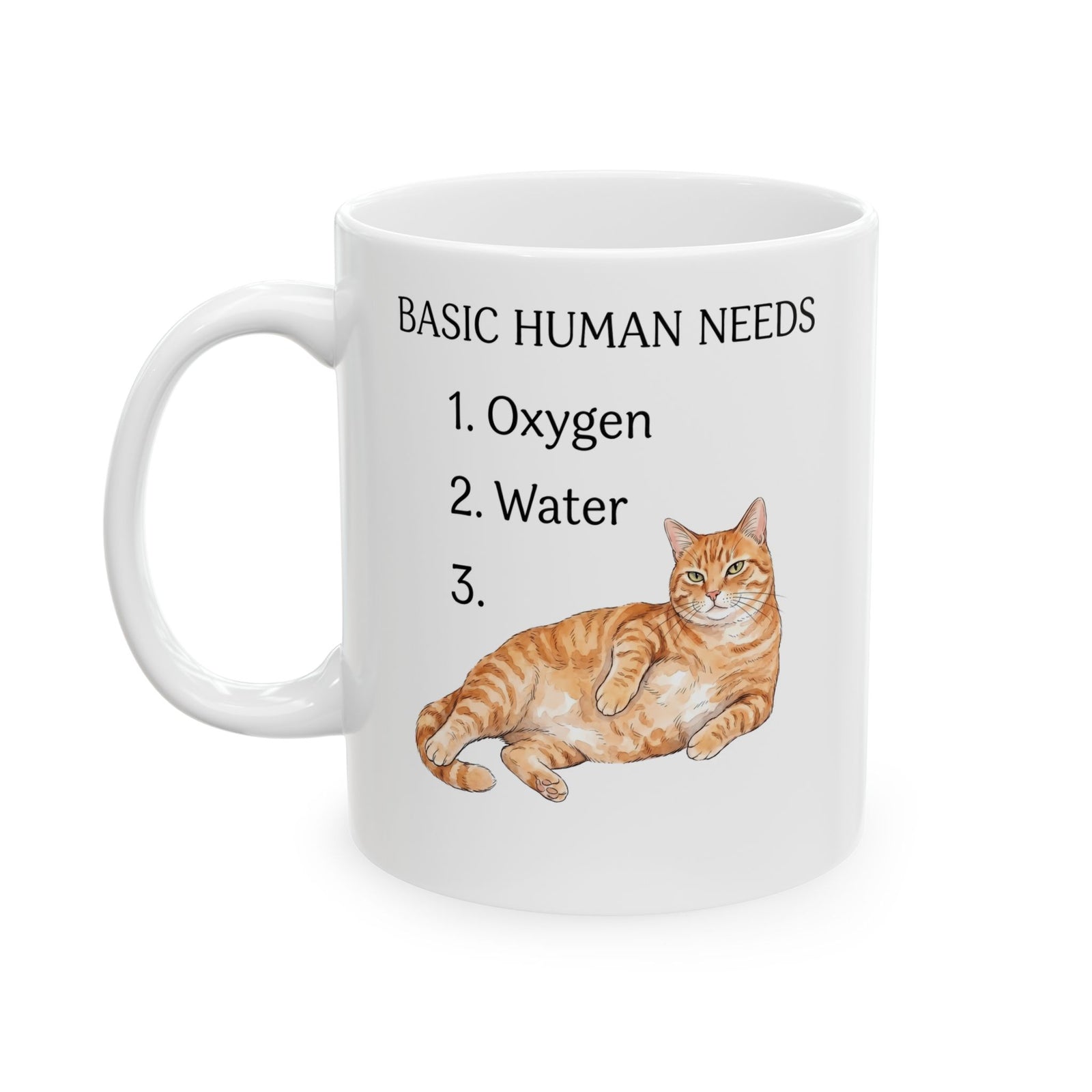 Basic Human Needs Orange Cat Ceramic Mug — Funny Sarcastic Tabby Mug
