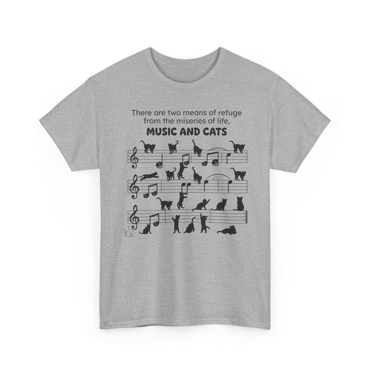 Music and Cats T-Shirt — Graphic Tee with Musical Score and Cat Silhouettes