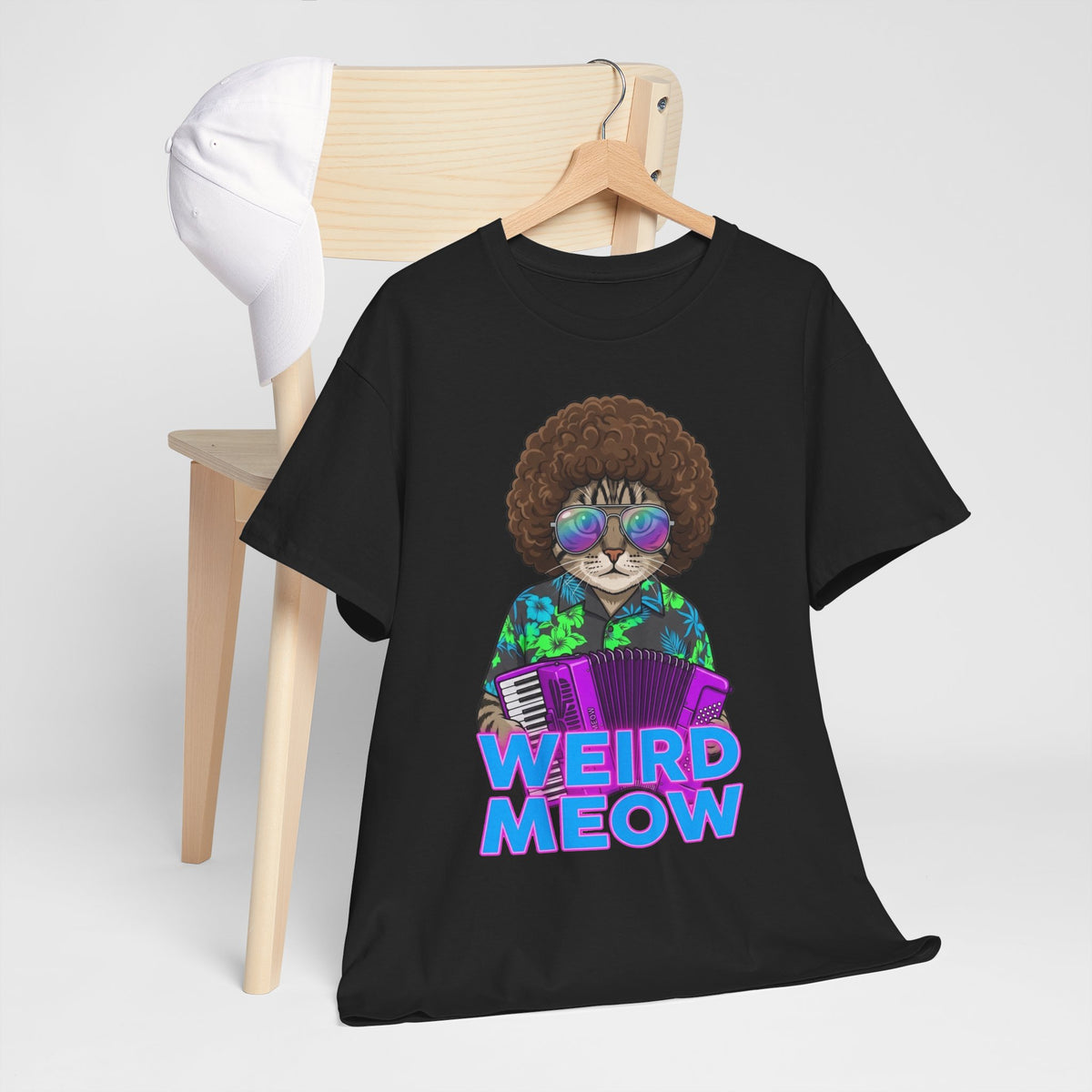 Weird Meow Cat T-Shirt — Retro Disco Cat with Accordion