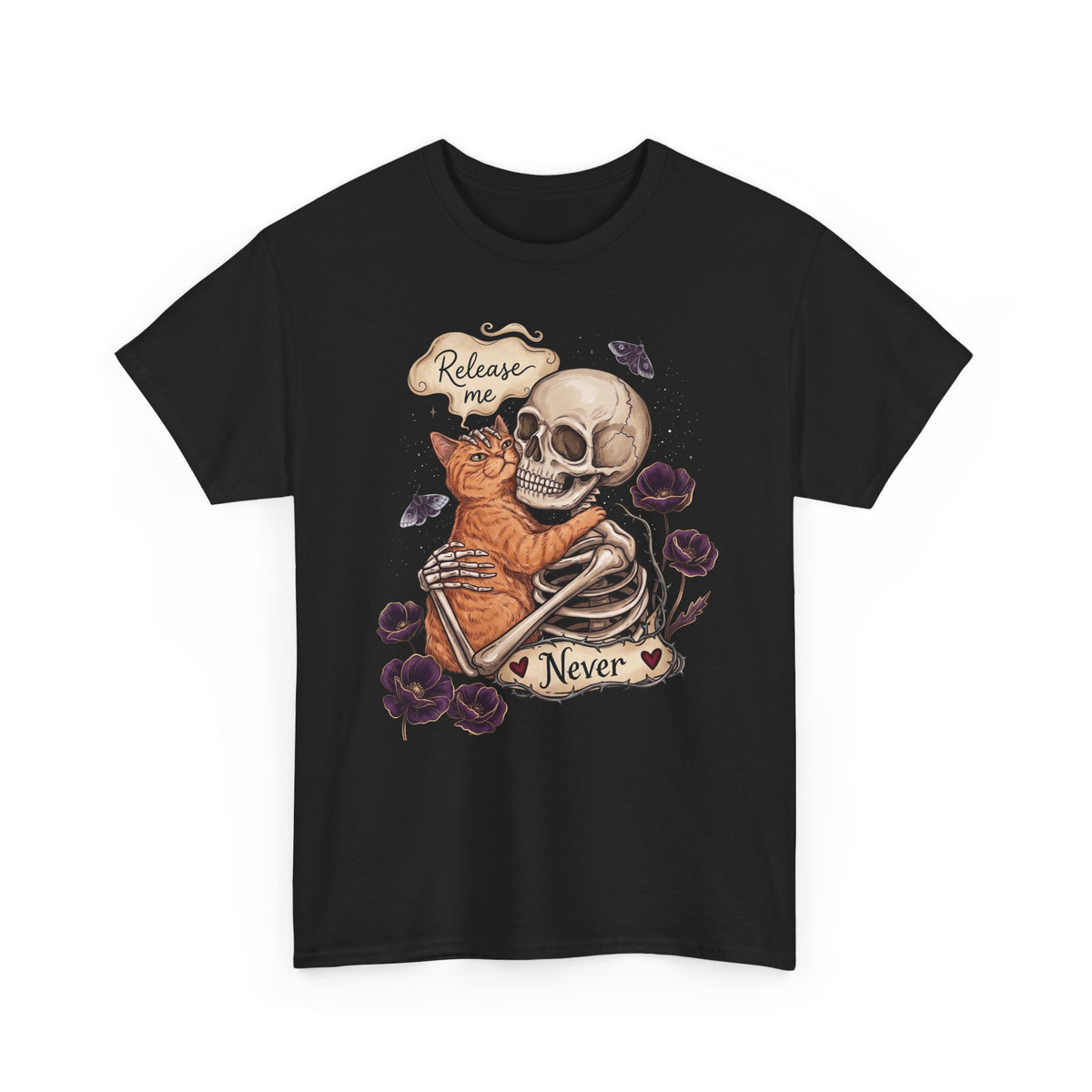 Funny Clingy Skeleton &amp; Cat T-Shirt — Dark Aesthetic Cat Tee