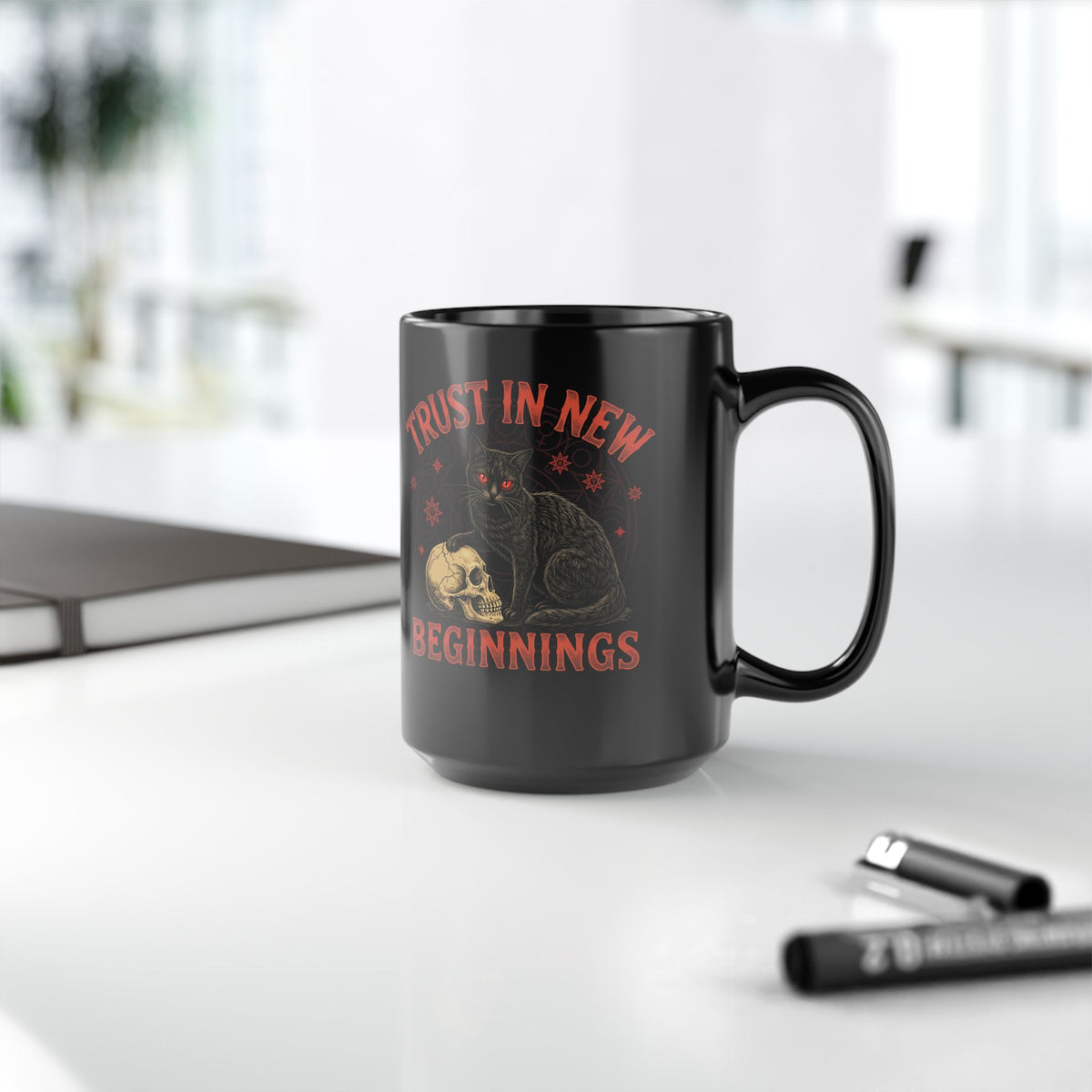Trust In New Beginnings Cat Black Mug — Occult Black Cat Skull Gothic Mug