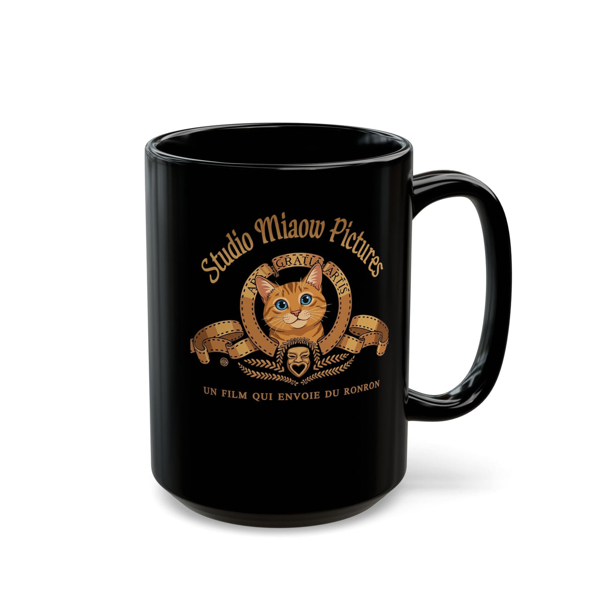Retro Movie Lion Parody Cat Black Mug — Studio Miaow Pictures