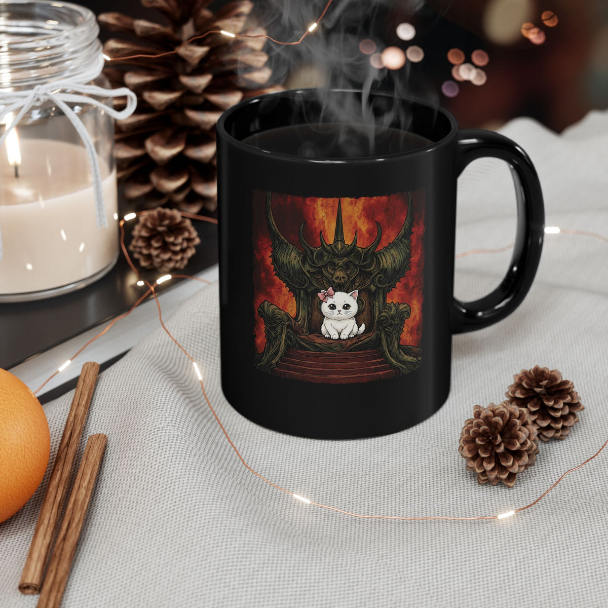 Evil Kitty Throne Kitten Black Mug — Cute Cat Dark Fantasy Graphic