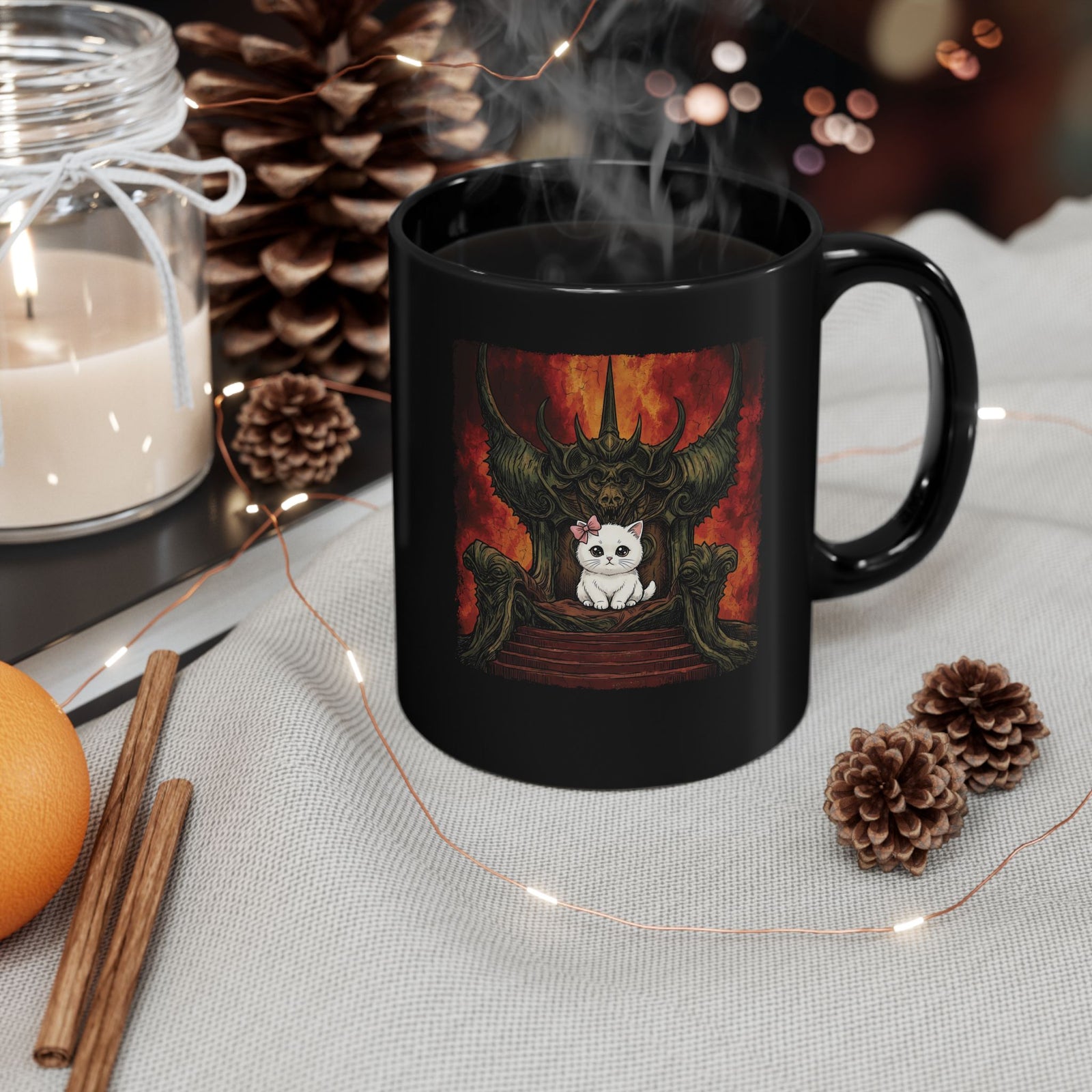 Evil Kitty Throne Kitten Black Mug — Cute Cat Dark Fantasy Graphic