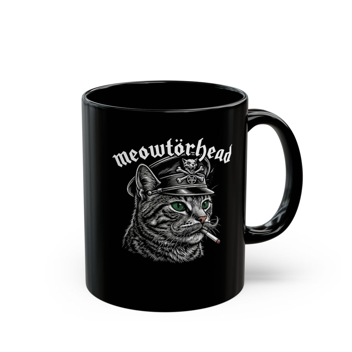 Meowtörhead Cat Band Mug — Retro Rock Cat Graphic Black Mug
