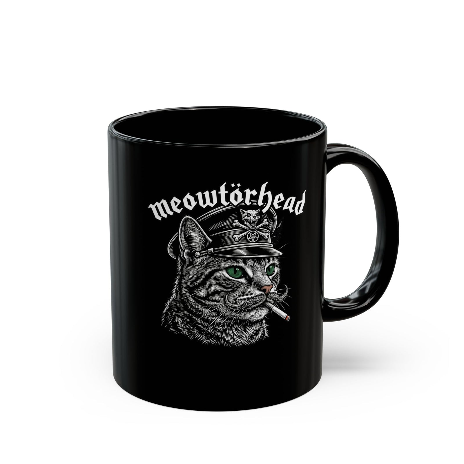 Meowtörhead Cat Band Mug — Retro Rock Cat Graphic Black Mug