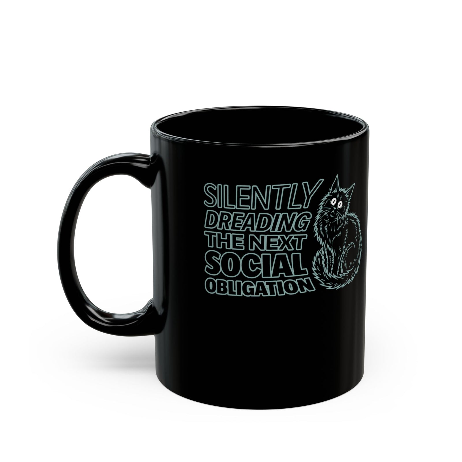 Introvert Cat Black Mug — "Silently Dreading the Next Social Obligation"
