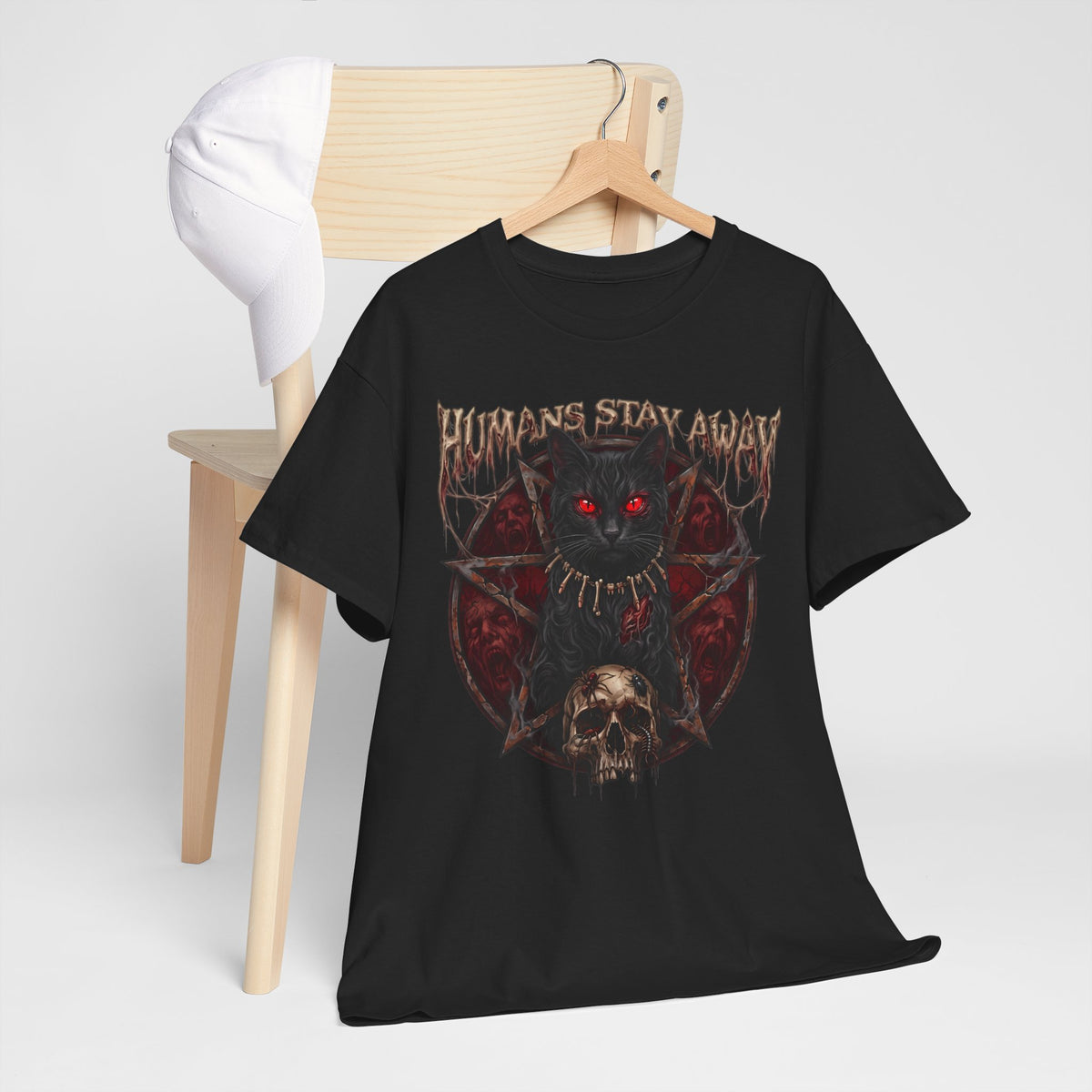Humans Stay Away Occult Black Cat Shirt — Heavy Metal Pentagram T-Shirt