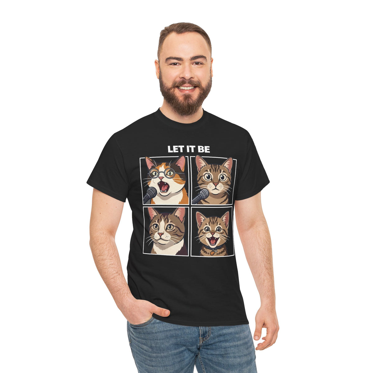 Let It Be Cat Tee — Vintage Four-Panel Cat Faces Graphic T-Shirt