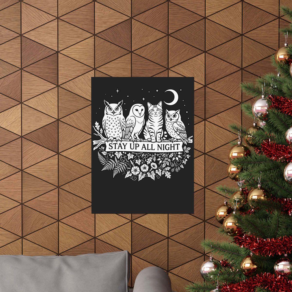 Cat Stays Up All Night Poster — Cute Night Owl Cat Poster