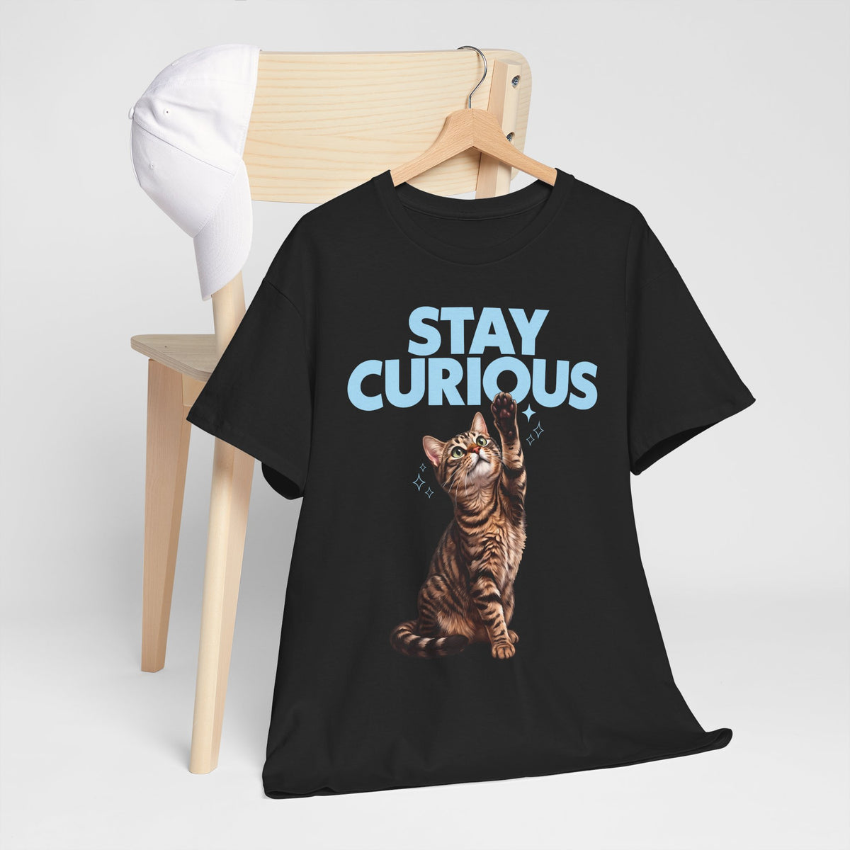 Stay Curious Tabby Cat T-Shirt — Cute Reaching Feline Graphic Tee