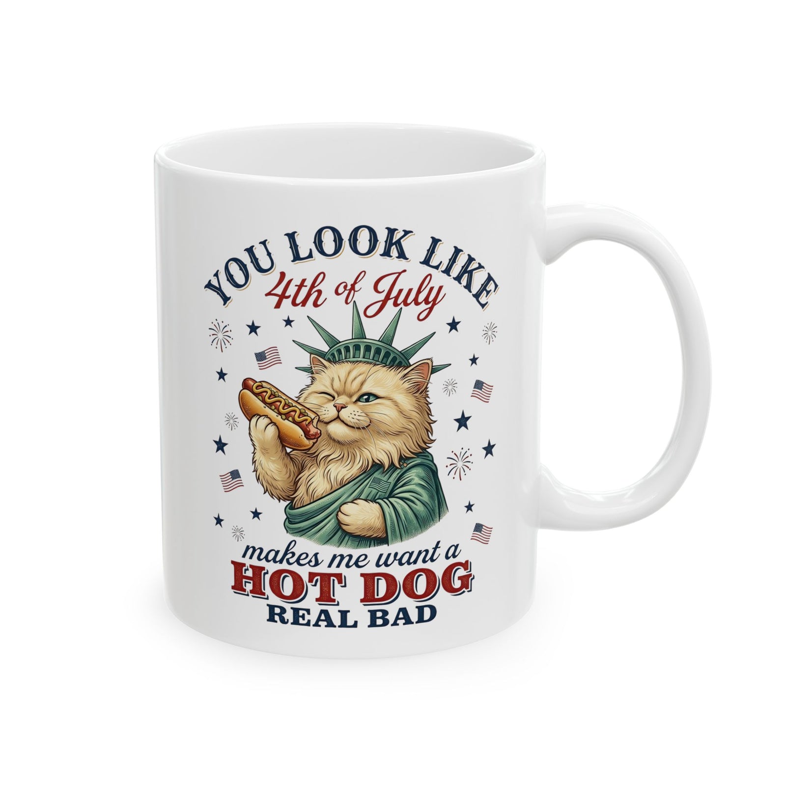 4th of July Cat & Hot Dog Ceramic Mug — Patriotic Fourth of July Mug