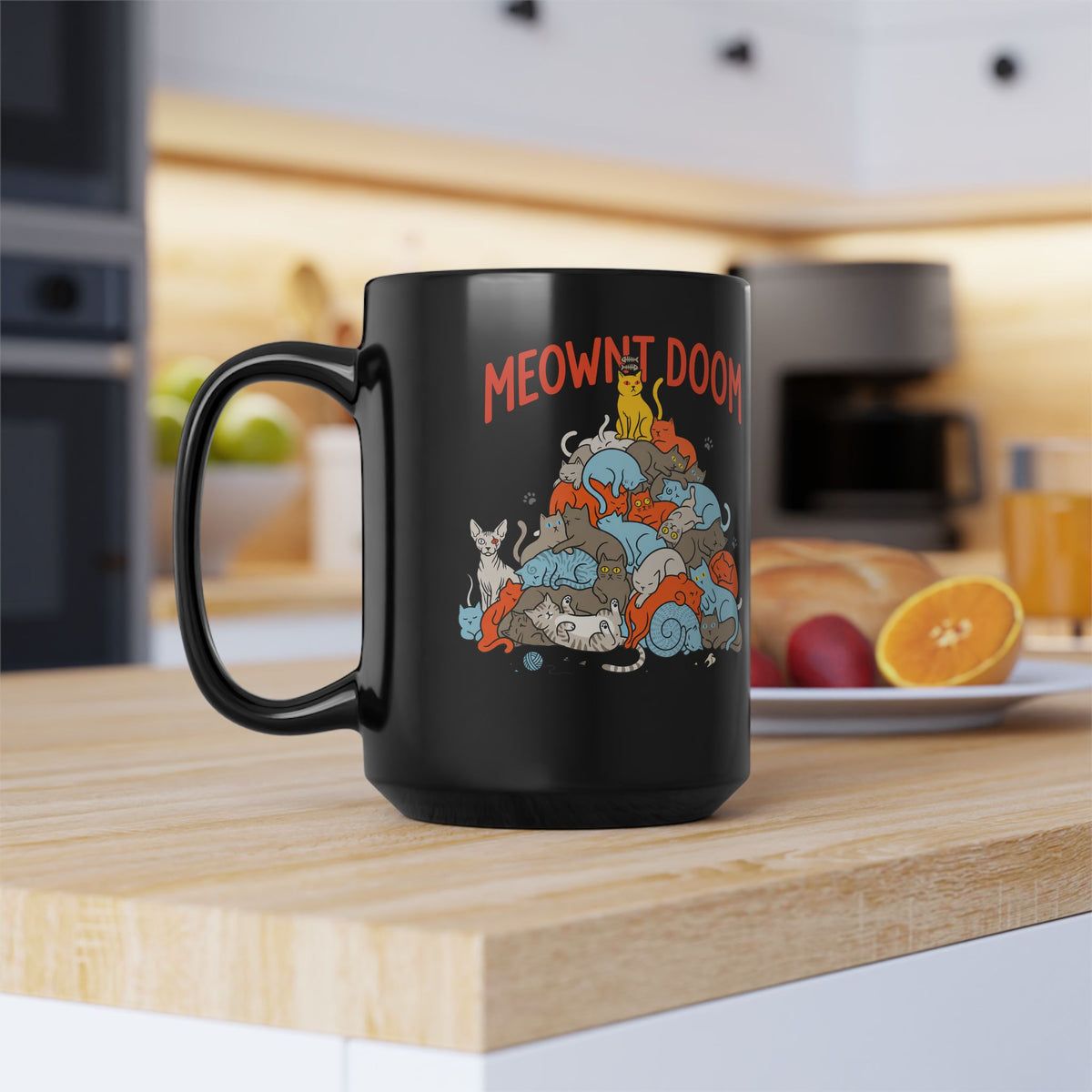 Meownt Doom Black Mug — Funny Cat 'meownt doom' Graphic Mug