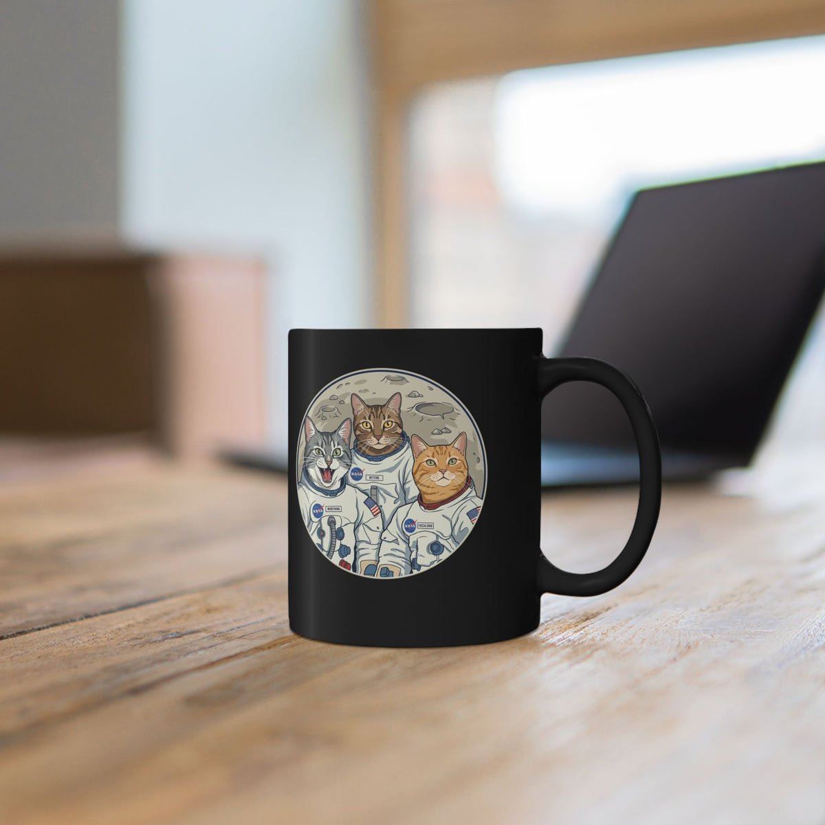 Sci‑Fi Astro Cat Black Mug — Space Cat Graphic Mug