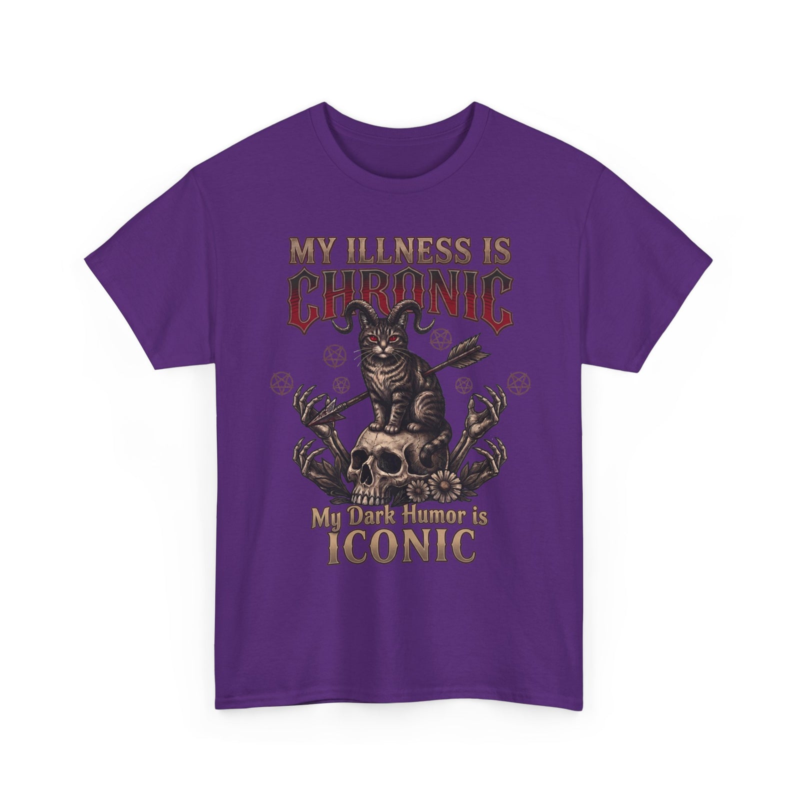 My Illness Is Chronic My Dark Humor Is Iconic T-Shirt — Gothic Horned Cat Tee
