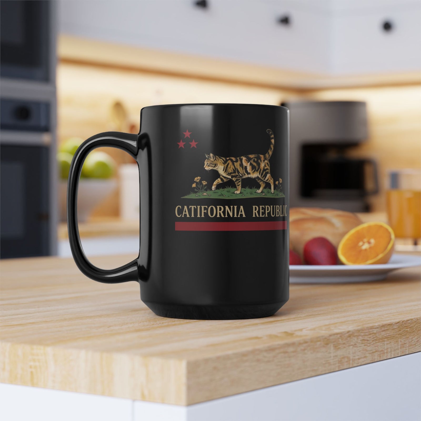 Catifornia Republic Funny Cat Black Mug — Vintage Cali Cat Graphic Mug