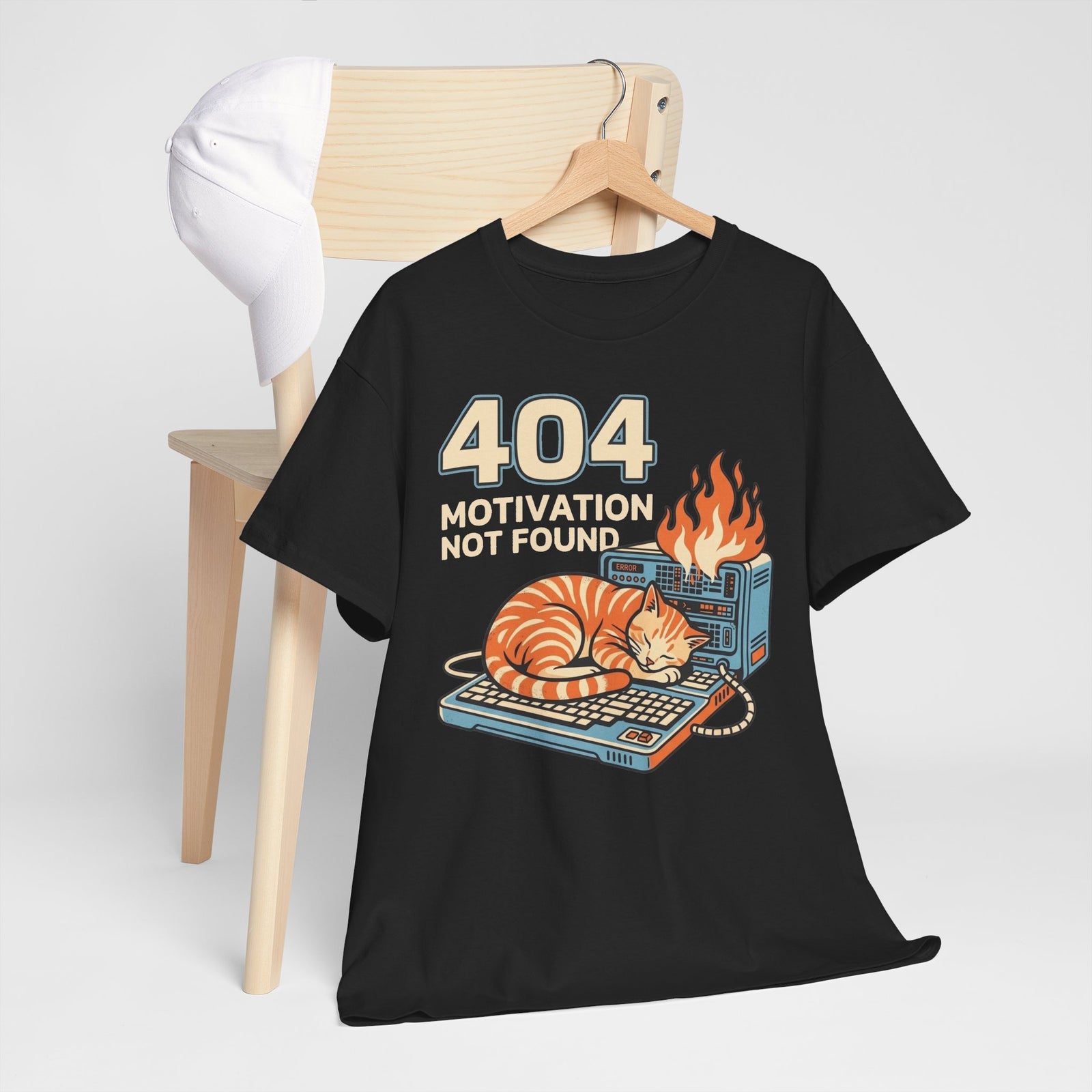 404 Motivation Not Found T-Shirt — Funny Cat Sleeping on Flaming Computer Tee