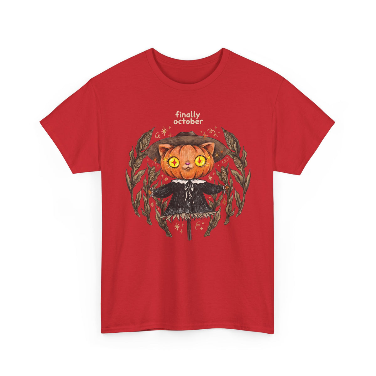 Finally October Pumpkin Cat Scarecrow T-Shirt — Vintage Autumn Halloween Tee