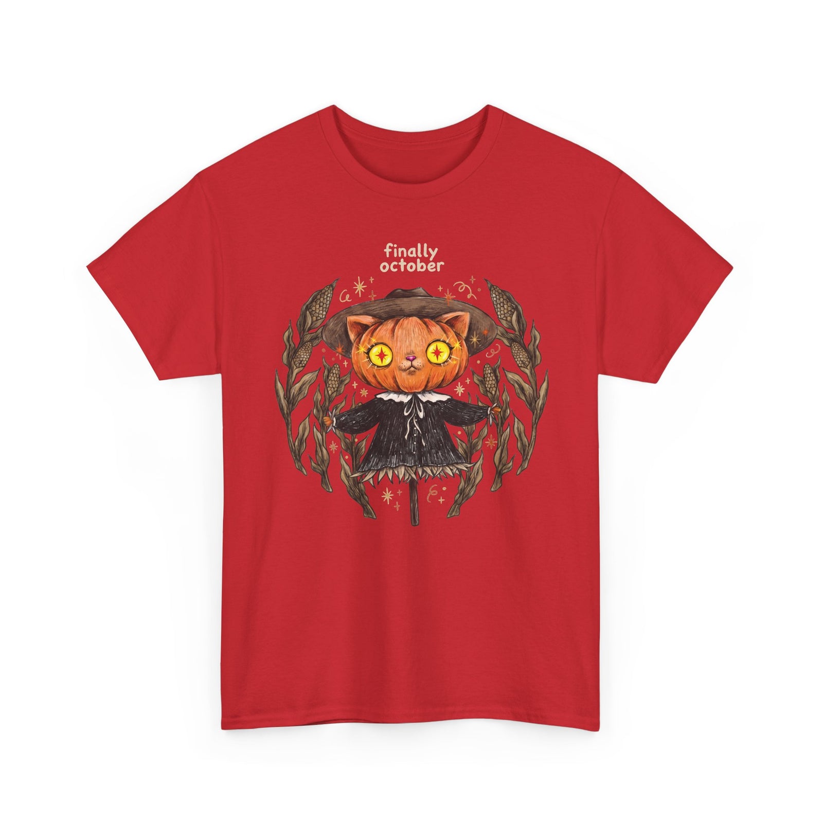 Finally October Pumpkin Cat Scarecrow T-Shirt — Vintage Autumn Halloween Tee