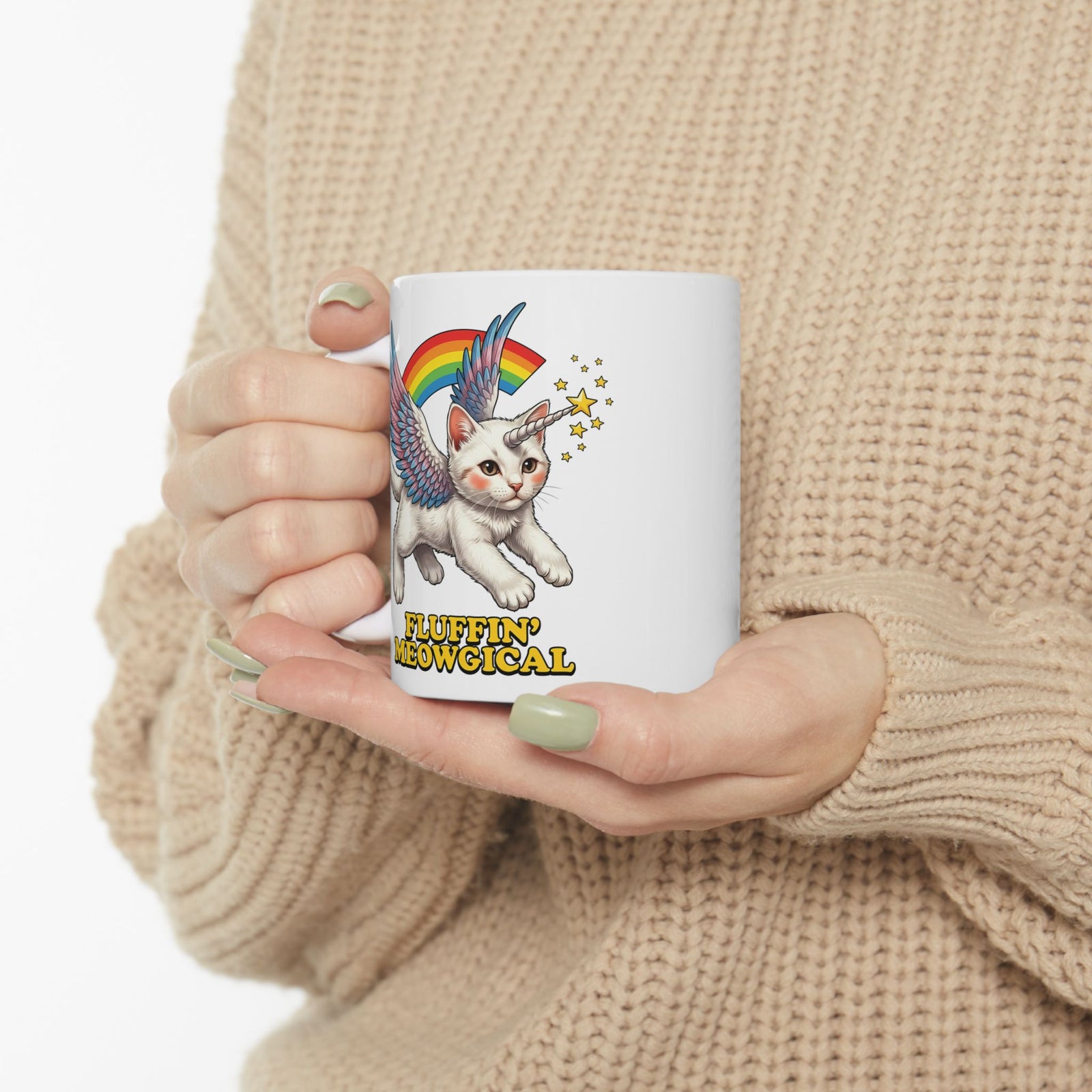 Fluffin' Meowgical Cat Ceramic Mug — Cute Unicorn Kitten Graphic