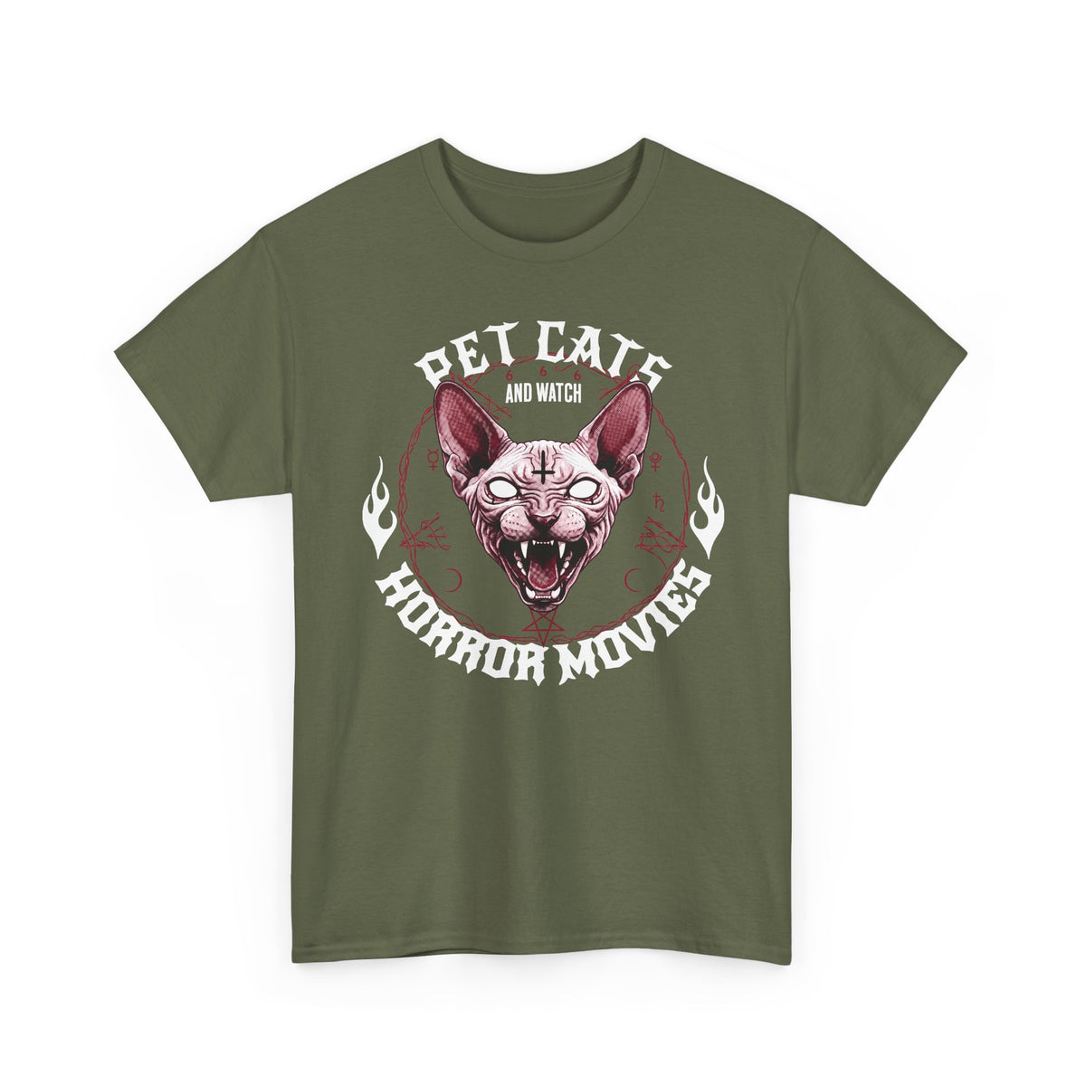 Pet Cats And Watch Horror Movies T-Shirt — Demonic Sphynx Cat Occult Tee