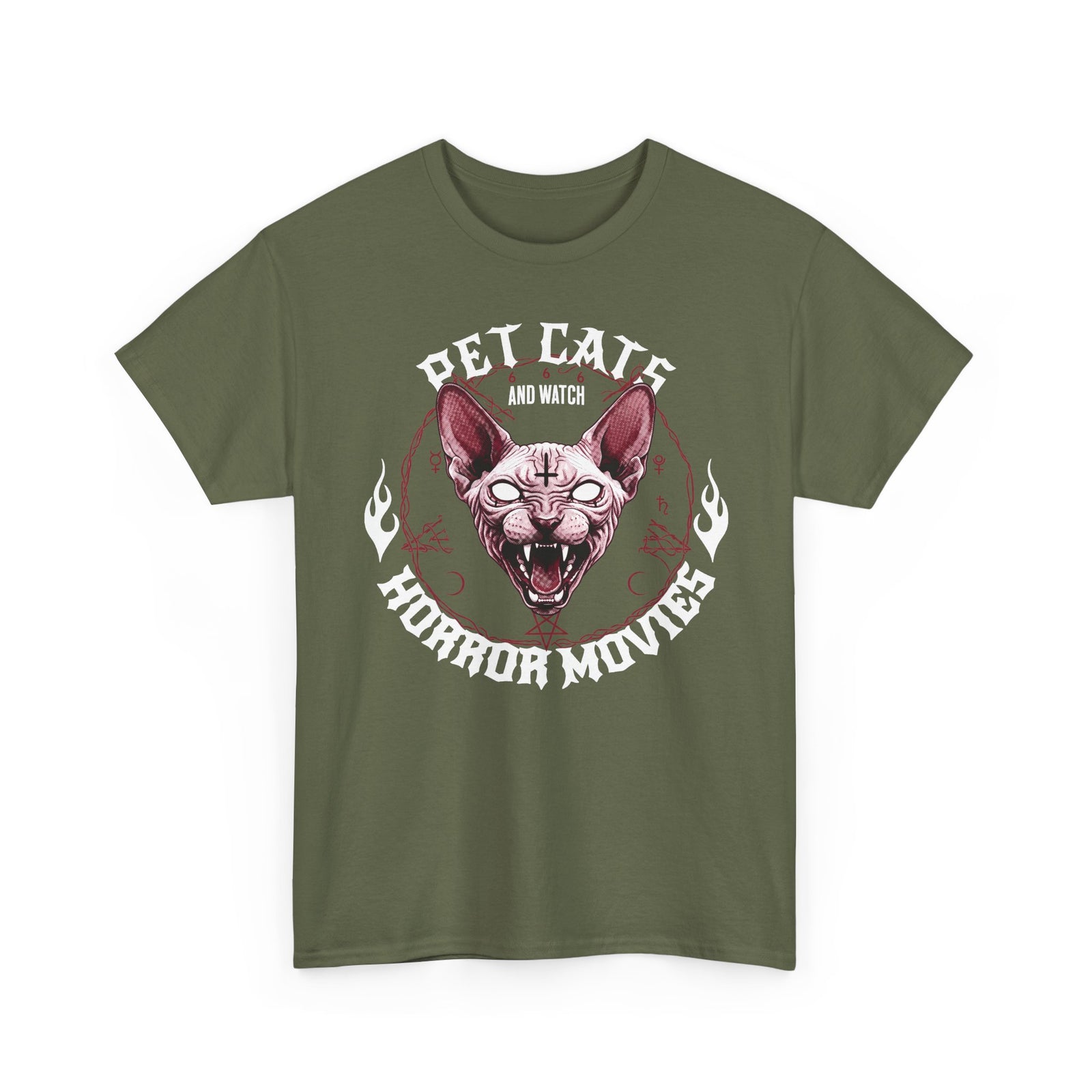 Pet Cats And Watch Horror Movies T-Shirt — Demonic Sphynx Cat Occult Tee