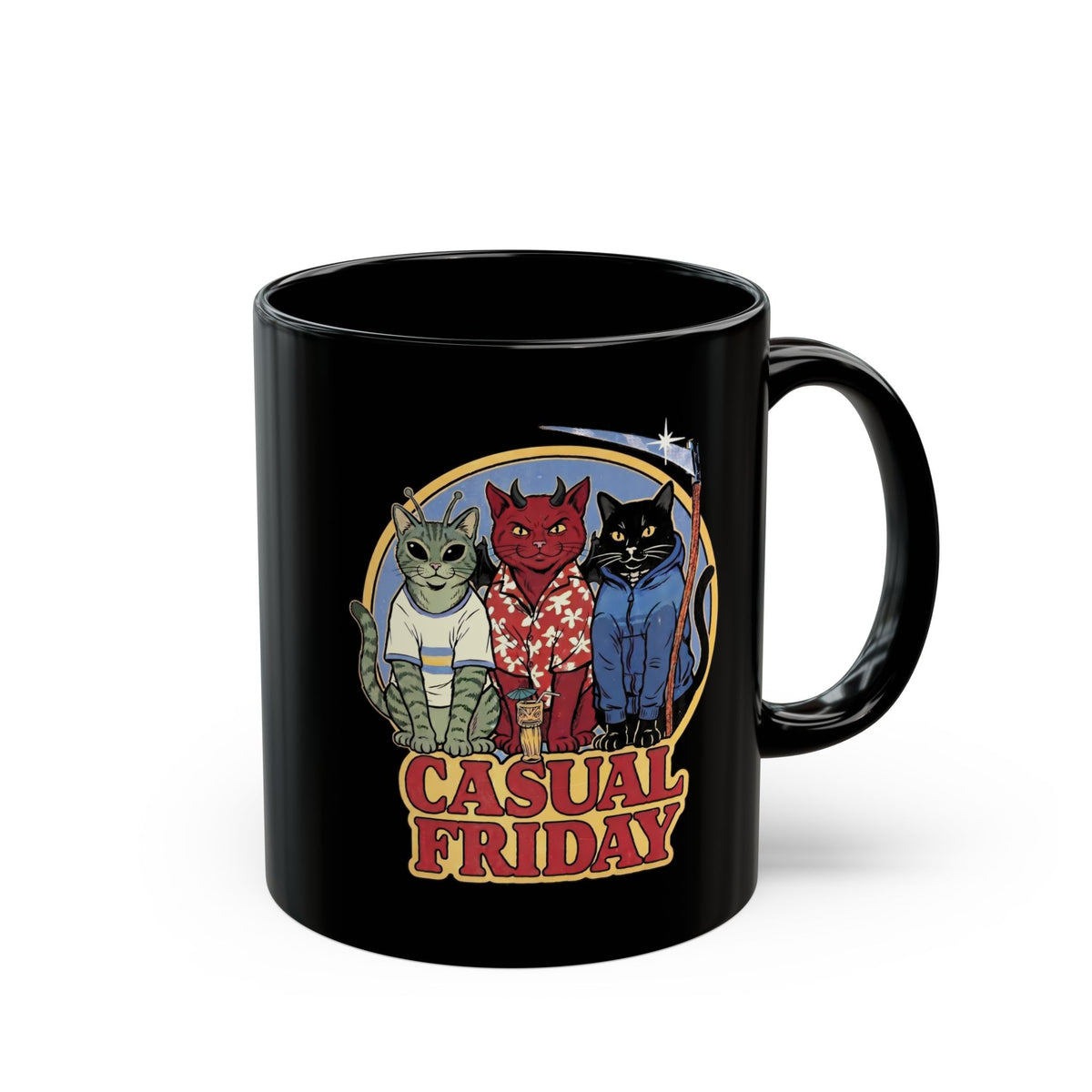 Casual Friday Cat Black Mug — Funny Alien Devil Grim Reaper Mug