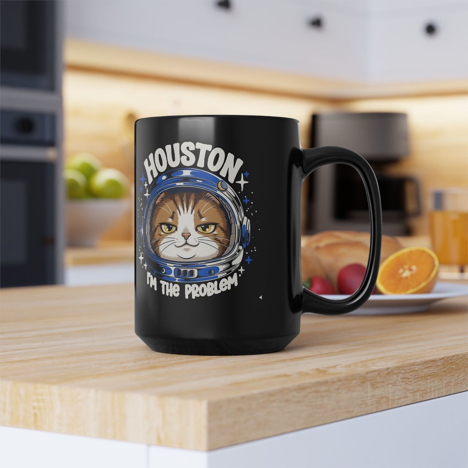 Houston I'm the Problem Space Cat Black Mug