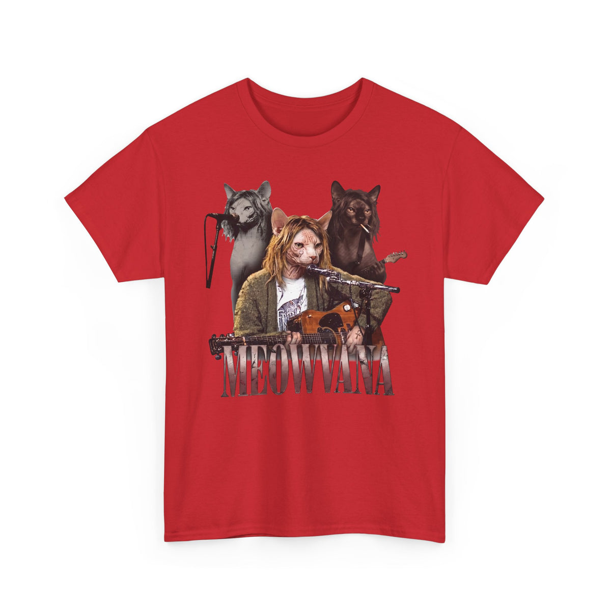 Meowvana Grunge Cat Band T-Shirt — Funny 90s Rock Sphynx Cat Tee