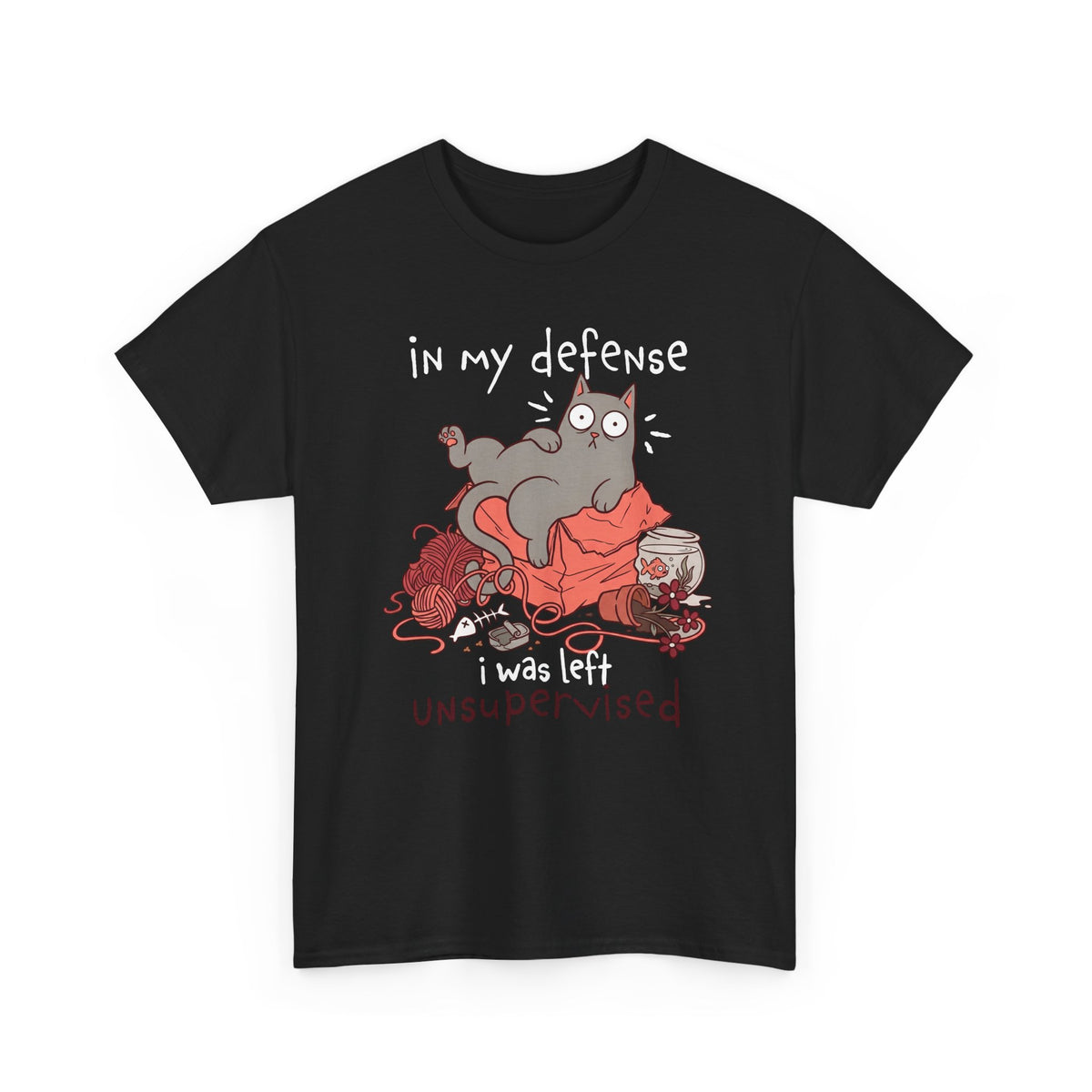 Cute Messy Cat T-Shirt — "In My Defense, I Was Left Unsupervised" Cat Tee