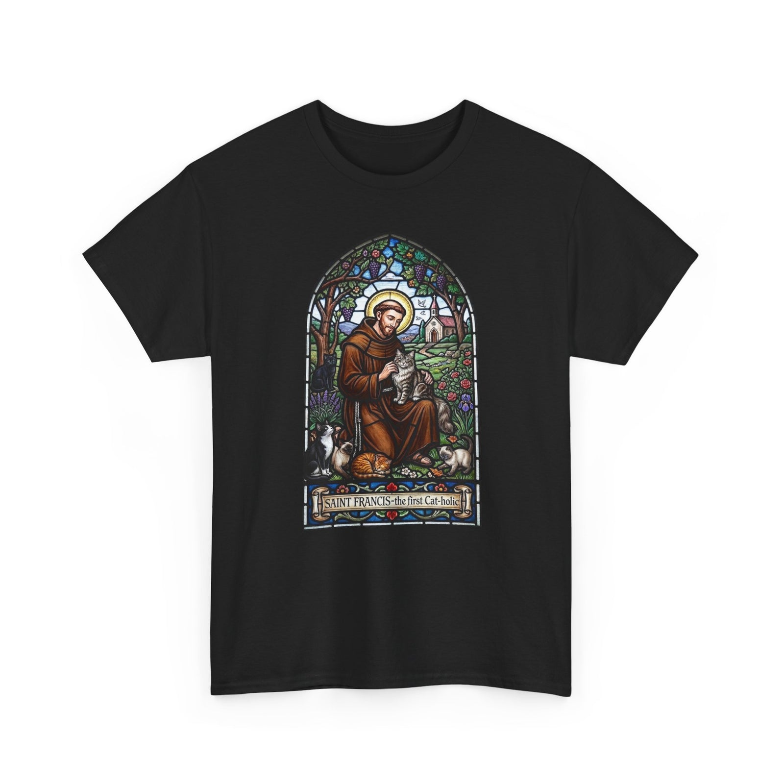 Saint Francis Cat T-Shirt — "SAINT FRANCIS — the first Cat-holic"