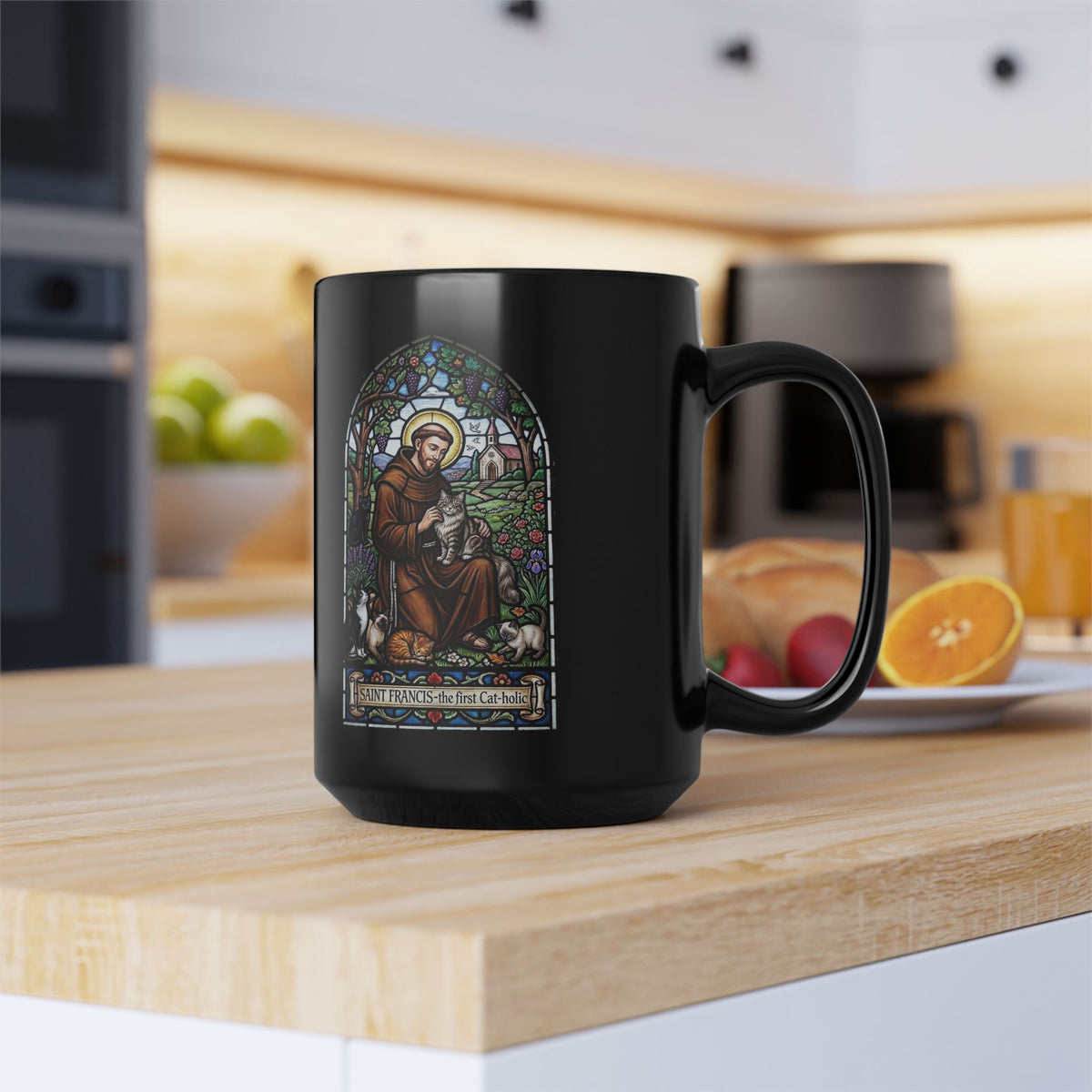 Saint Francis Cat Black Mug — "SAINT FRANCIS — the first Cat-holic"
