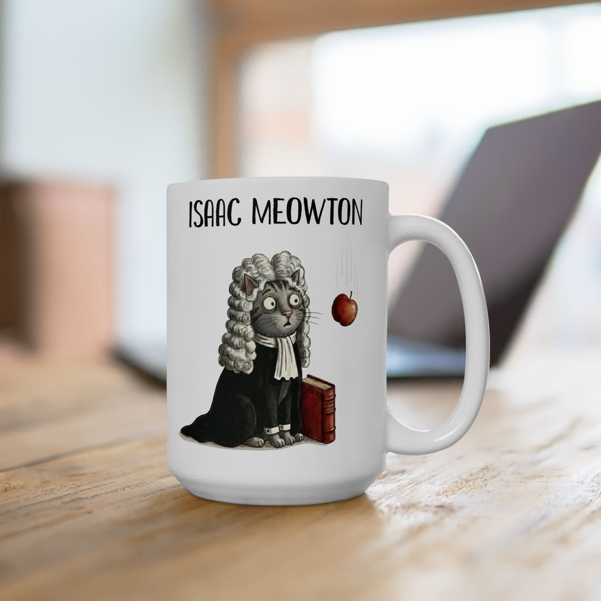 Isaac Meowton Ceramic Mug — Funny Science Pun Cat Gravity Graphic Mug