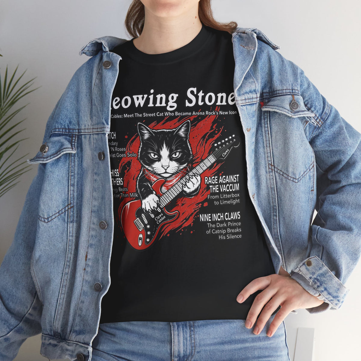 Meowing Stone Guitar Cat T-Shirt — Rock Band Cat Graphic Tee
