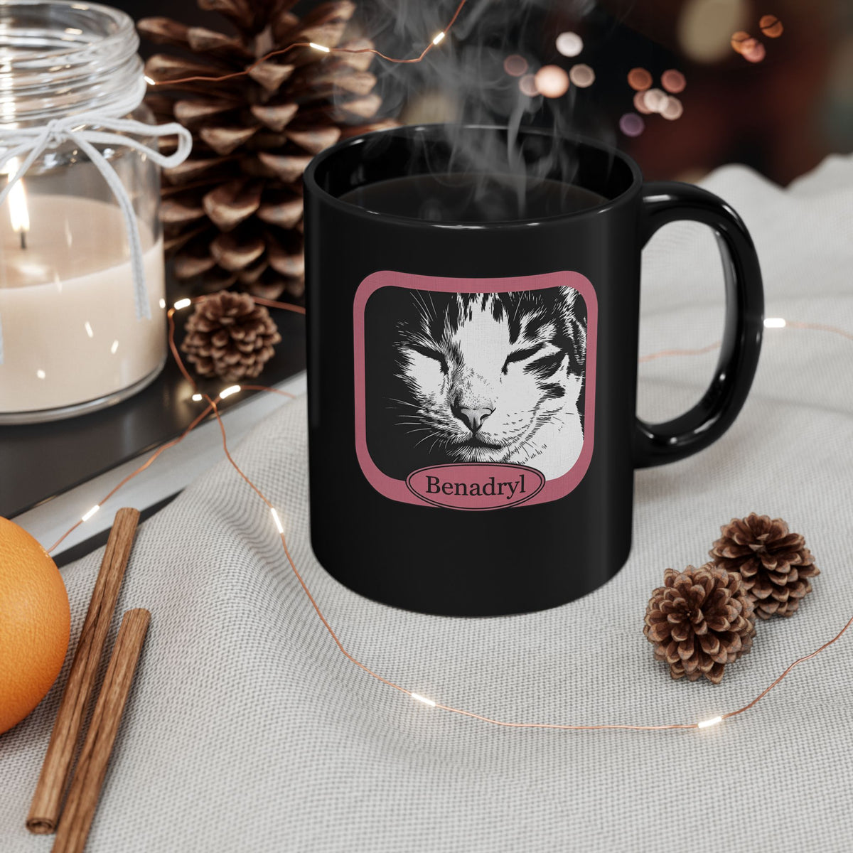 Cat After Benadryl Black Mug — Funny Groggy Cat Mug