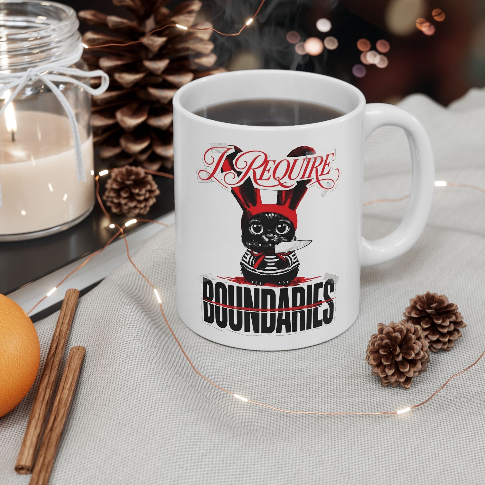 I Require Boundaries Ceramic Mug — Funny Creepy Cute Cat Knife Mug