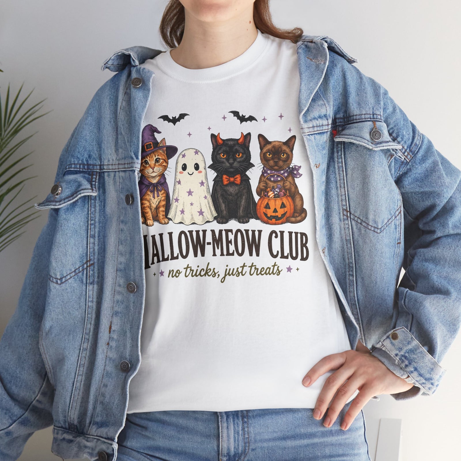 Hallow-Meow Club No Tricks Just Treats T-Shirt — Spooky Cute Cat Costume Tee