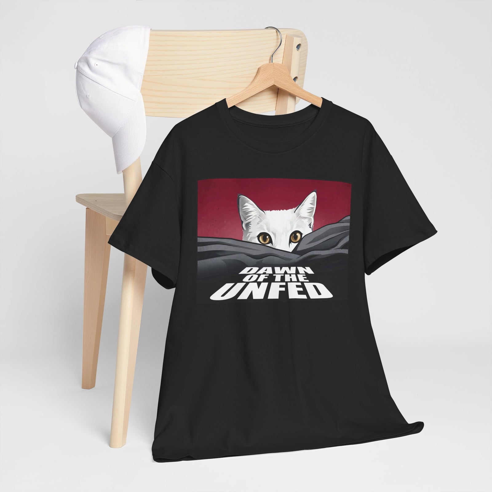 Dawn of the Unfed T-Shirt — Funny White Cat Horror Movie Parody Tee