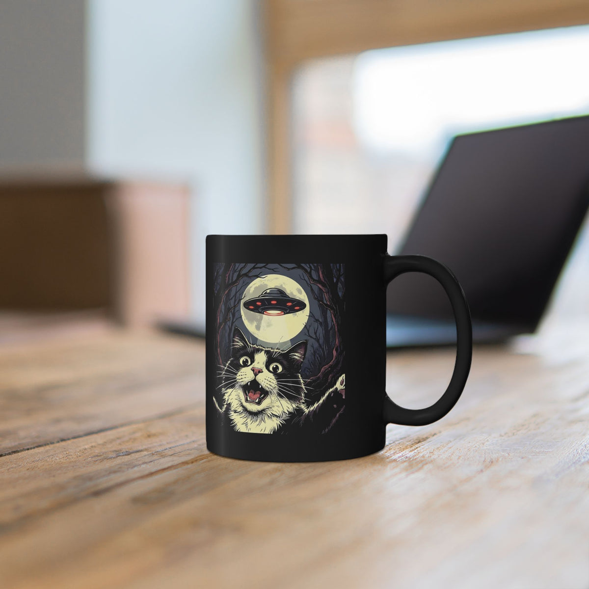 Cat Selfie With UFO Black Mug