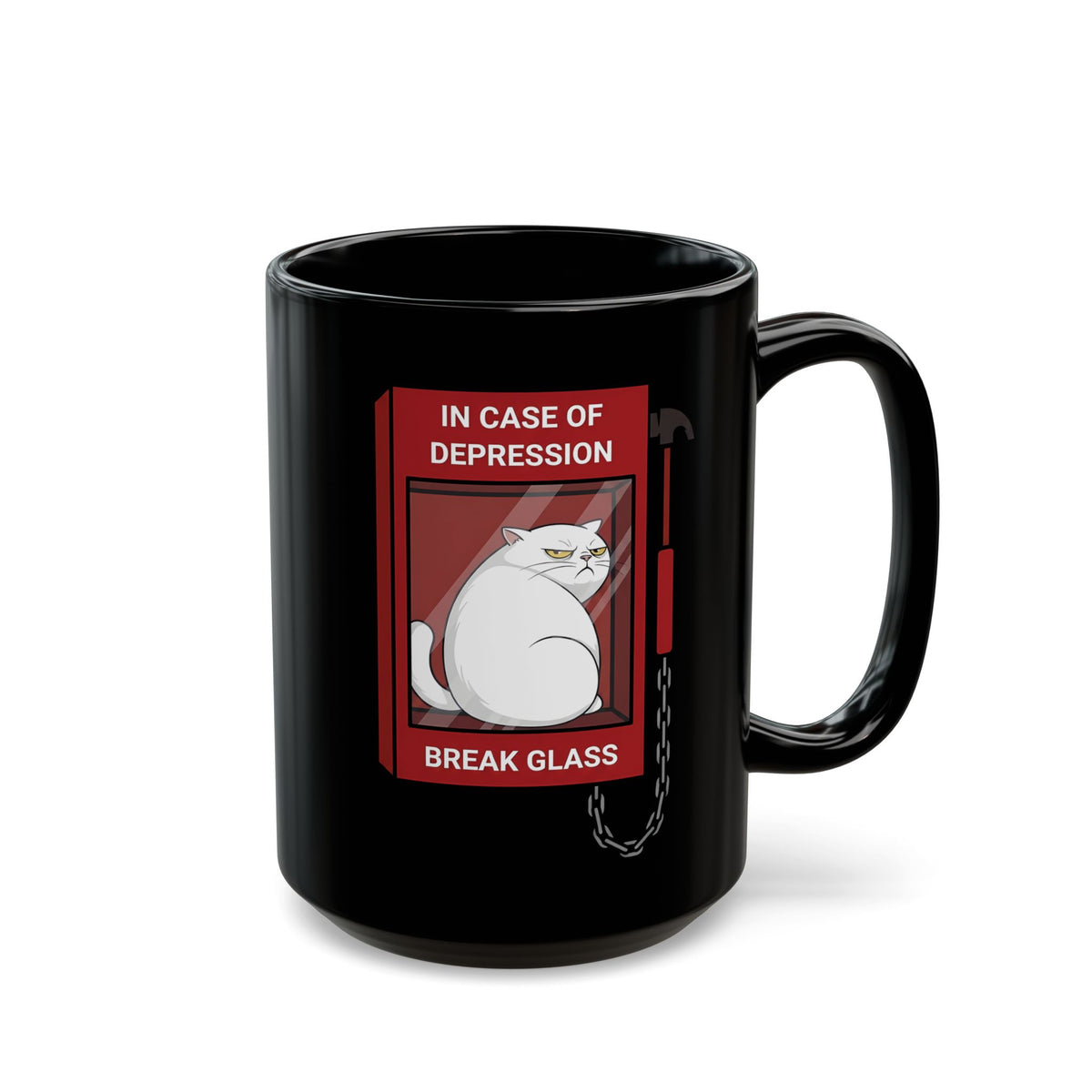 In Case Of Depression Break Glass Black Mug — Funny Grumpy White Cat Emergency Mug