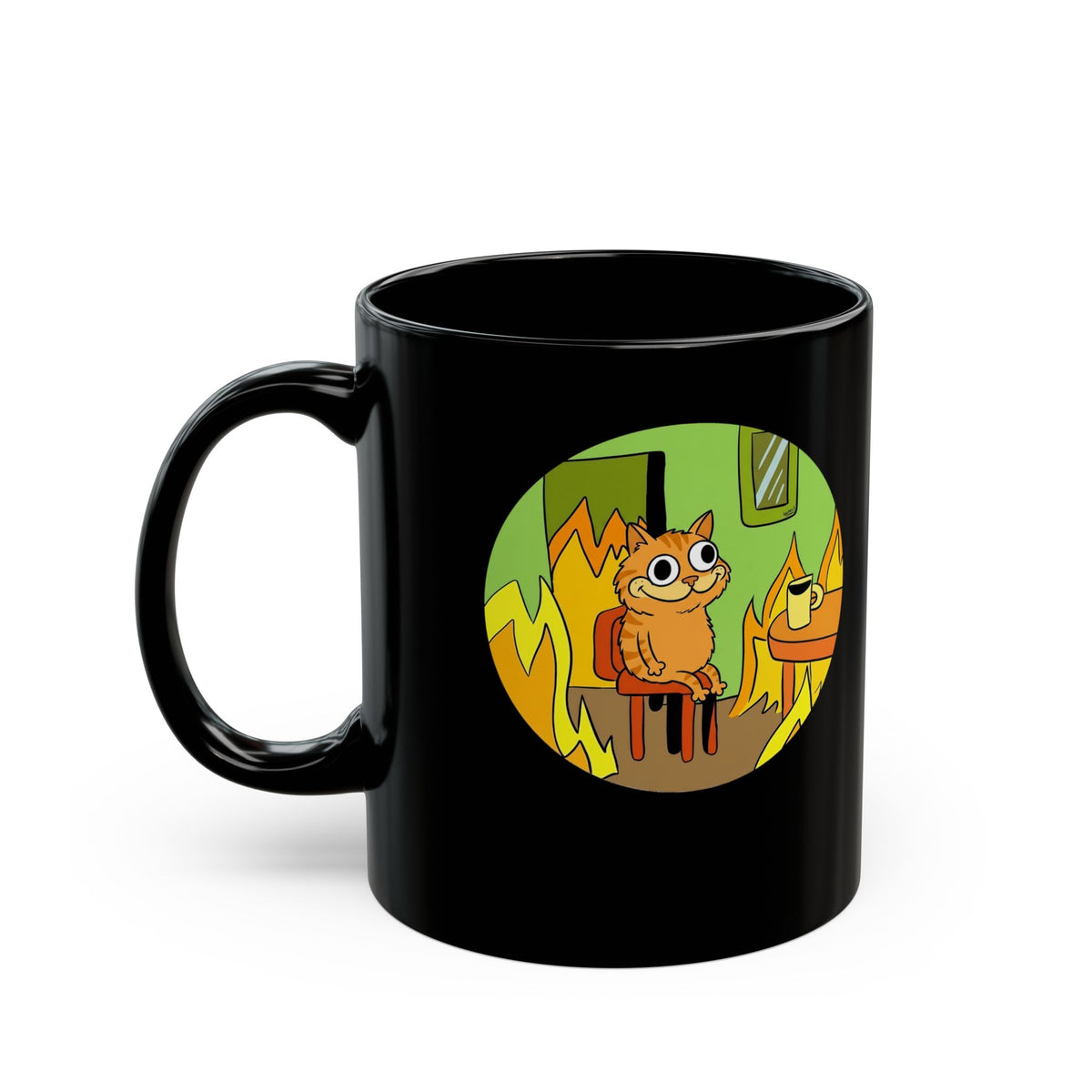 This Is Fine Orange Cat Black Mug — Funny Meme Parody Feline Graphic Mug