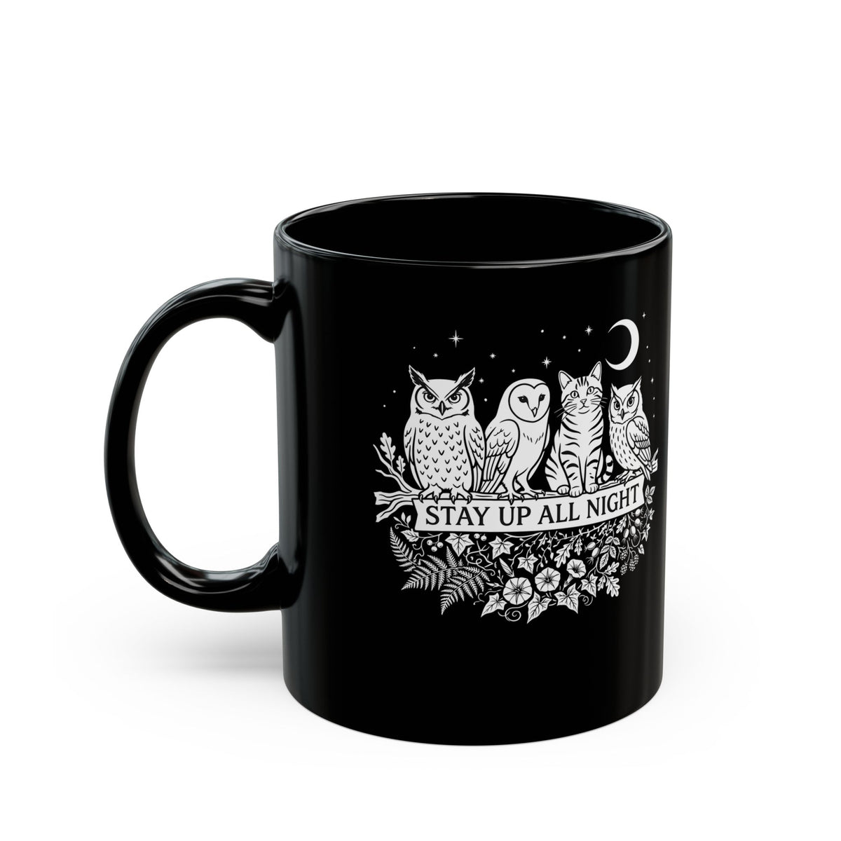 Cat Stays Up All Night Black Mug — Cute Night Owl Cat Mug